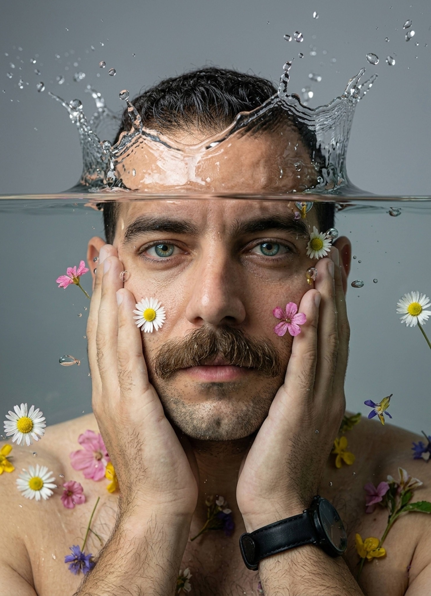 Surreal portrait of a face partially submerged in clear water surrounded by colorful wildflowers with frozen splash