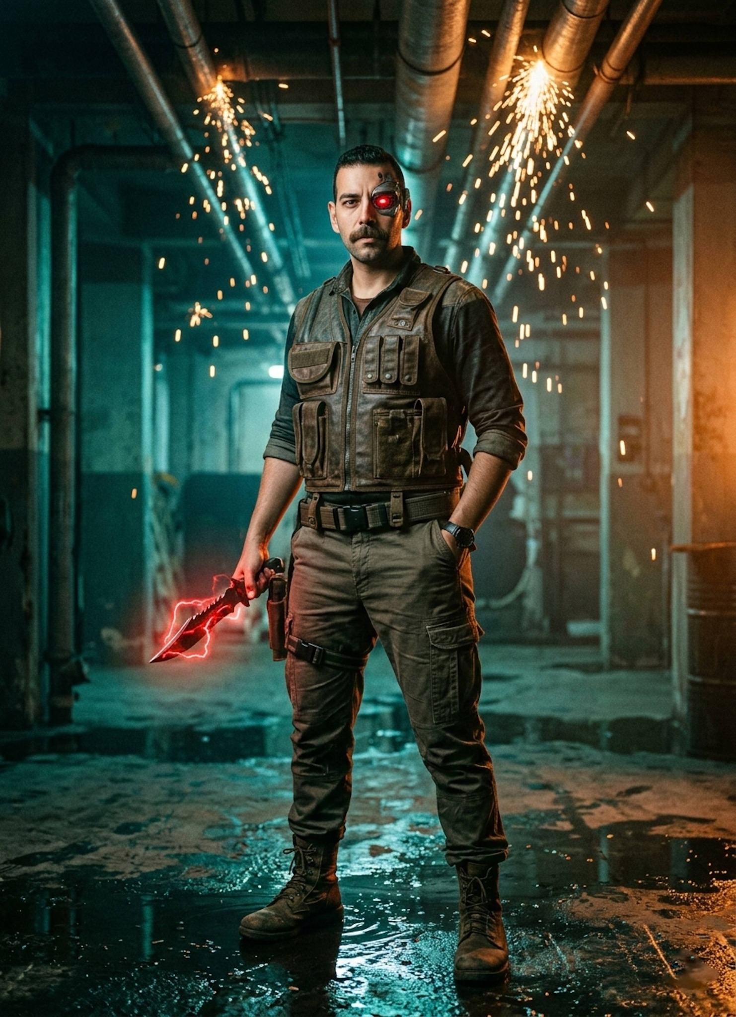 Gritty portrait of a cybernetic mercenary with glowing red eye implant in a dark industrial facility