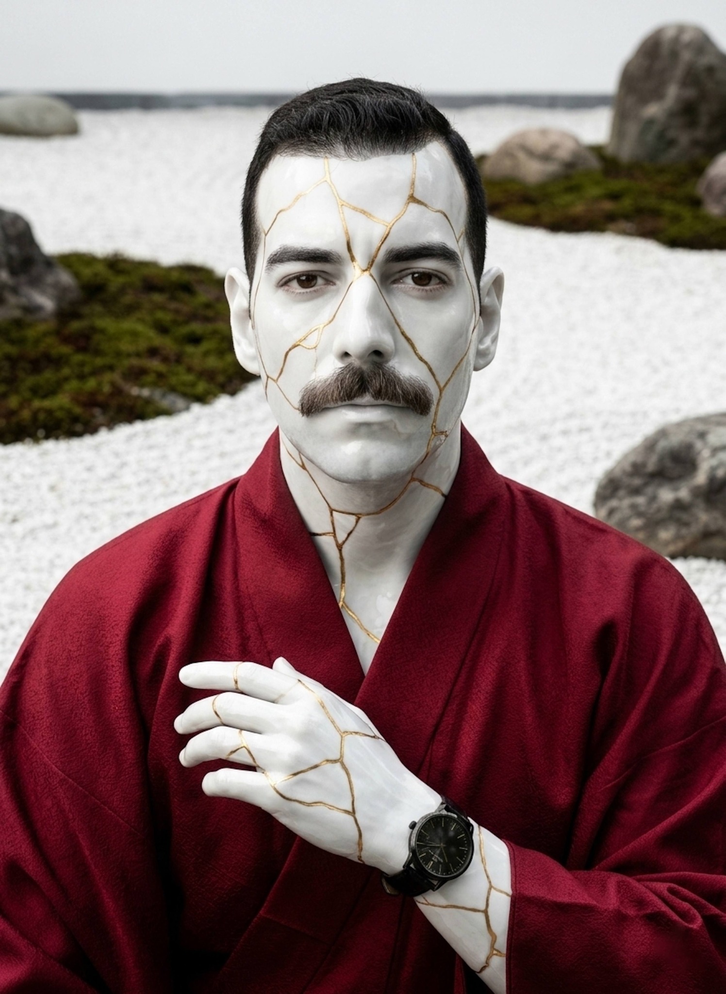 Artistic portrait of a person with white porcelain skin and golden kintsugi cracks wearing a crimson kimono in a stone garden