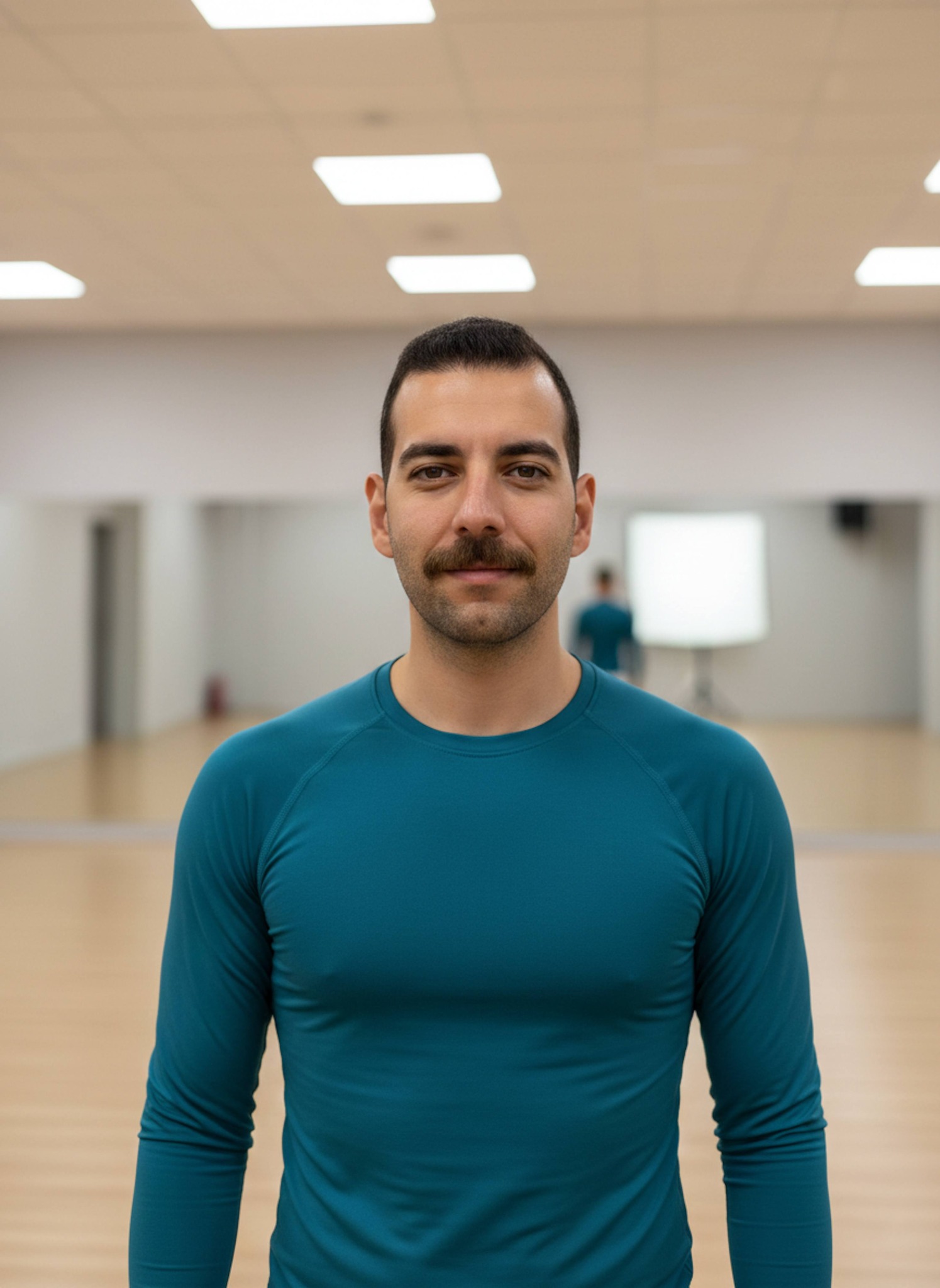 Close-up portrait of a person in teal compression wear inside a modern yoga studio with wooden floors and mirrors