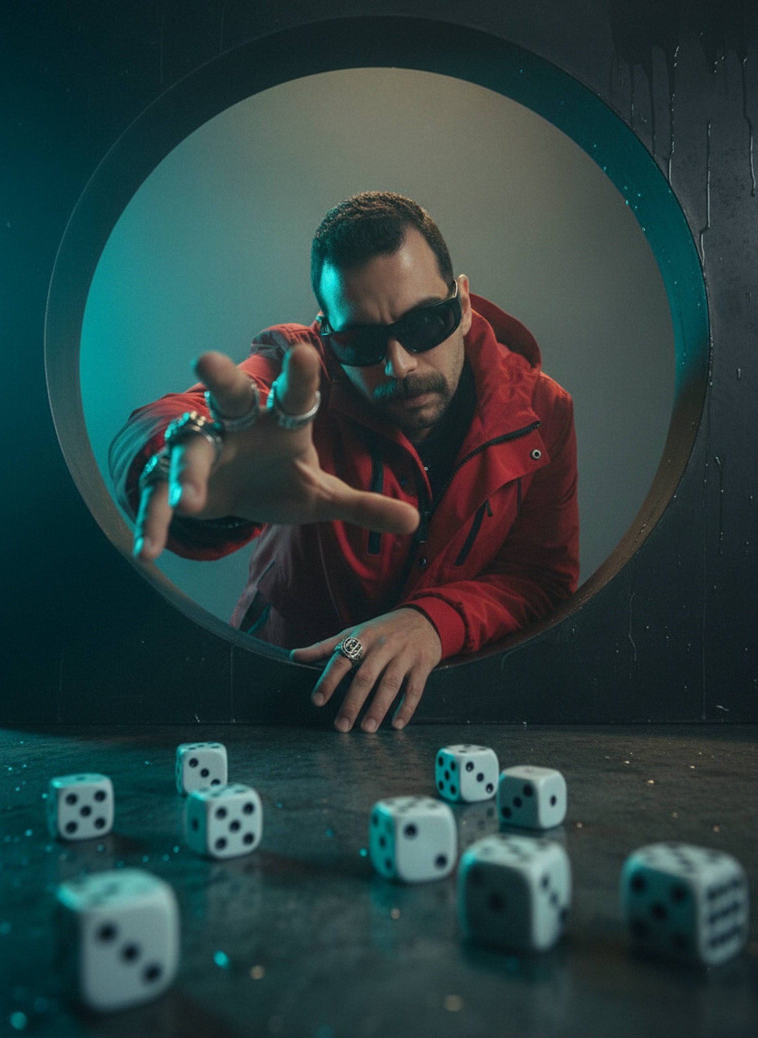 Fashion editorial portrait of a person framed through a large circular industrial ring with dramatic low angle