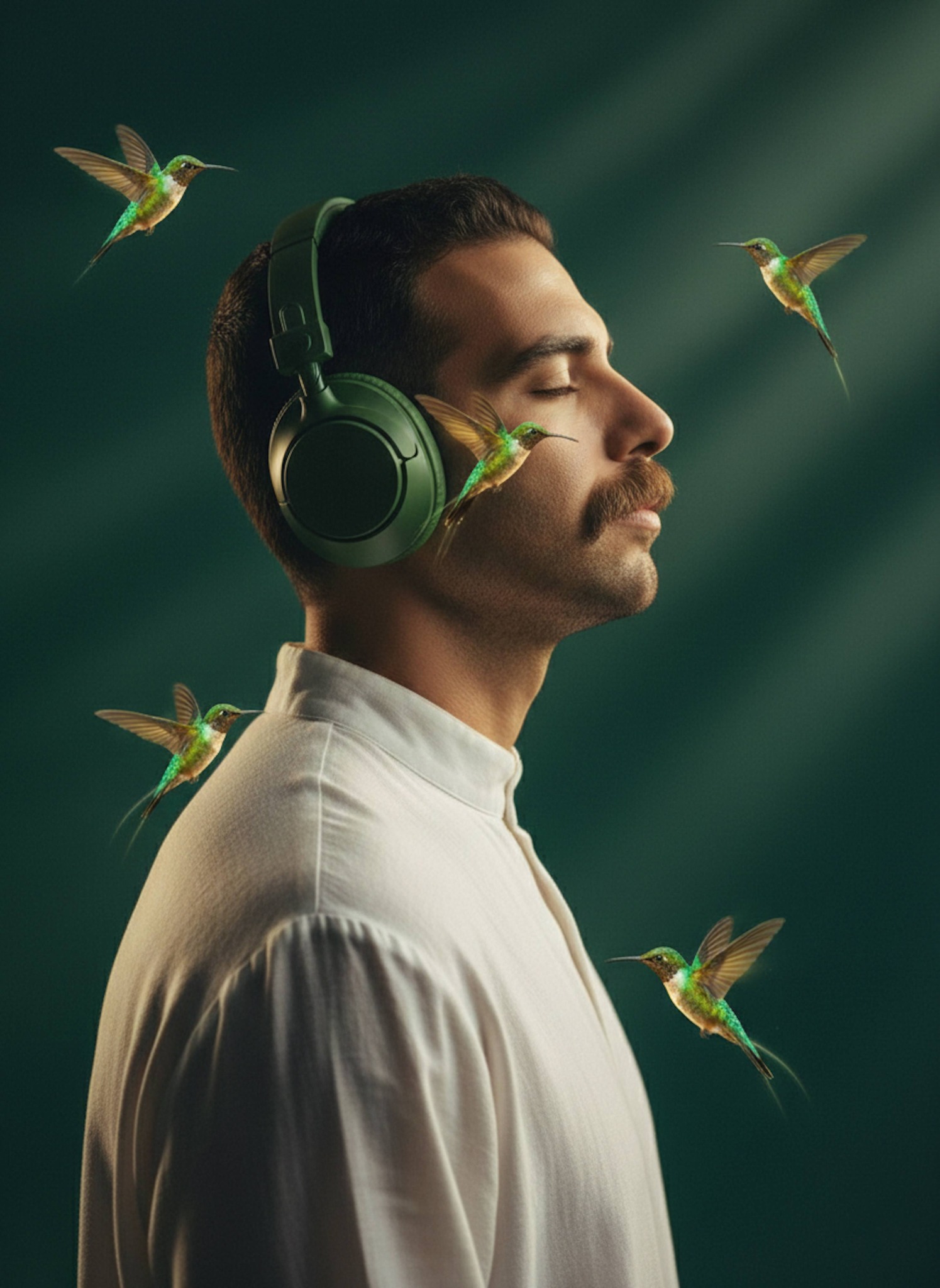 Dreamy side profile portrait with four vibrant hummingbirds flying around large green headphones with warm rim lighting