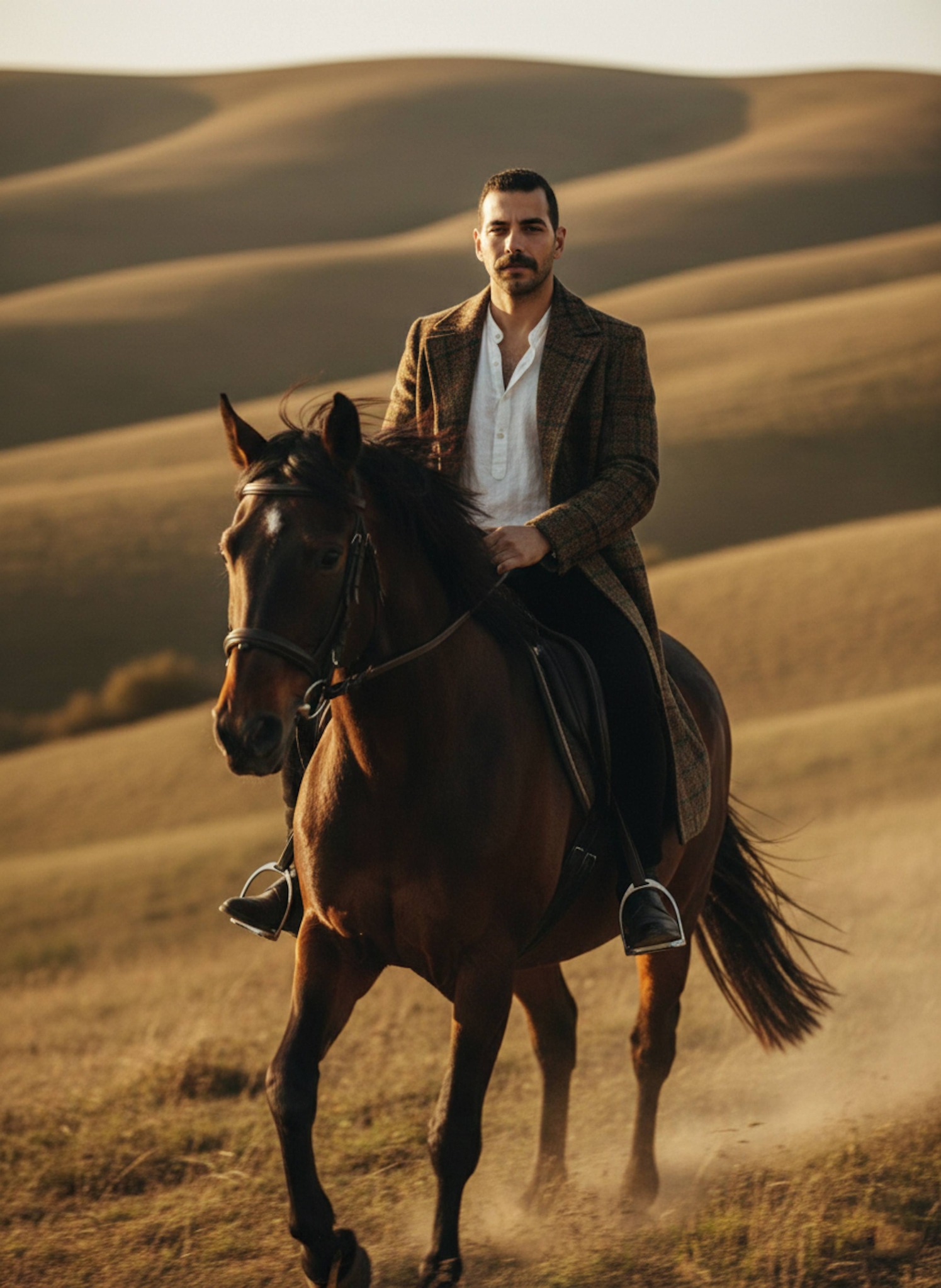 Cinematic portrait of a person riding a horse through countryside hills at golden hour with motion blur