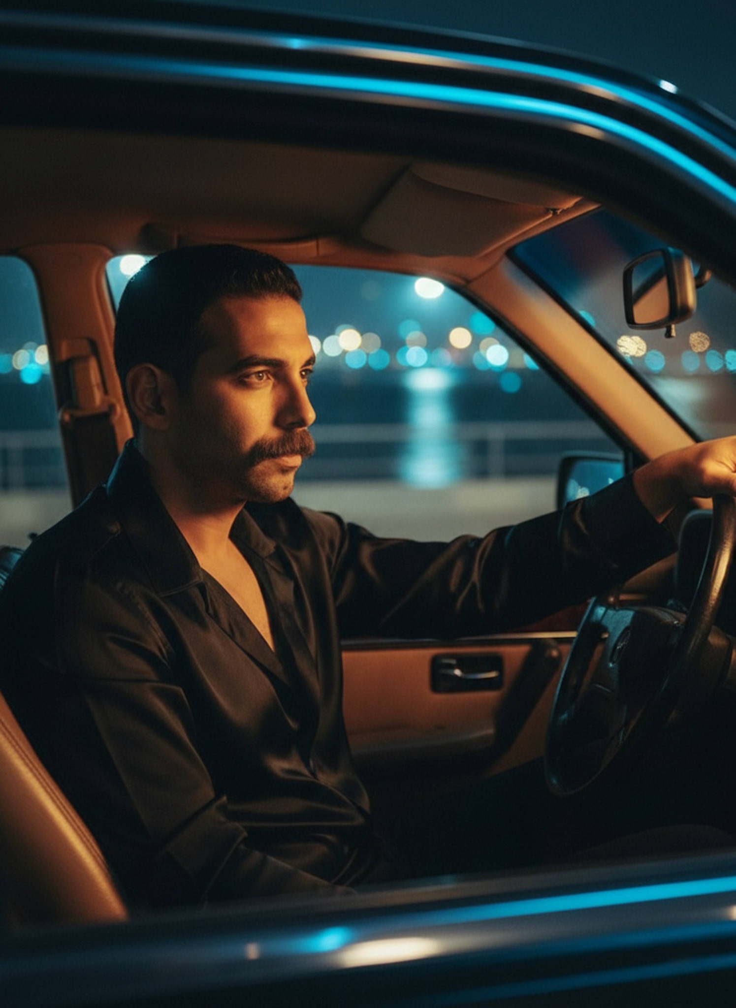 Person inside a vintage 90s car driving along the Corniche at night with neon city lights reflected on the glass