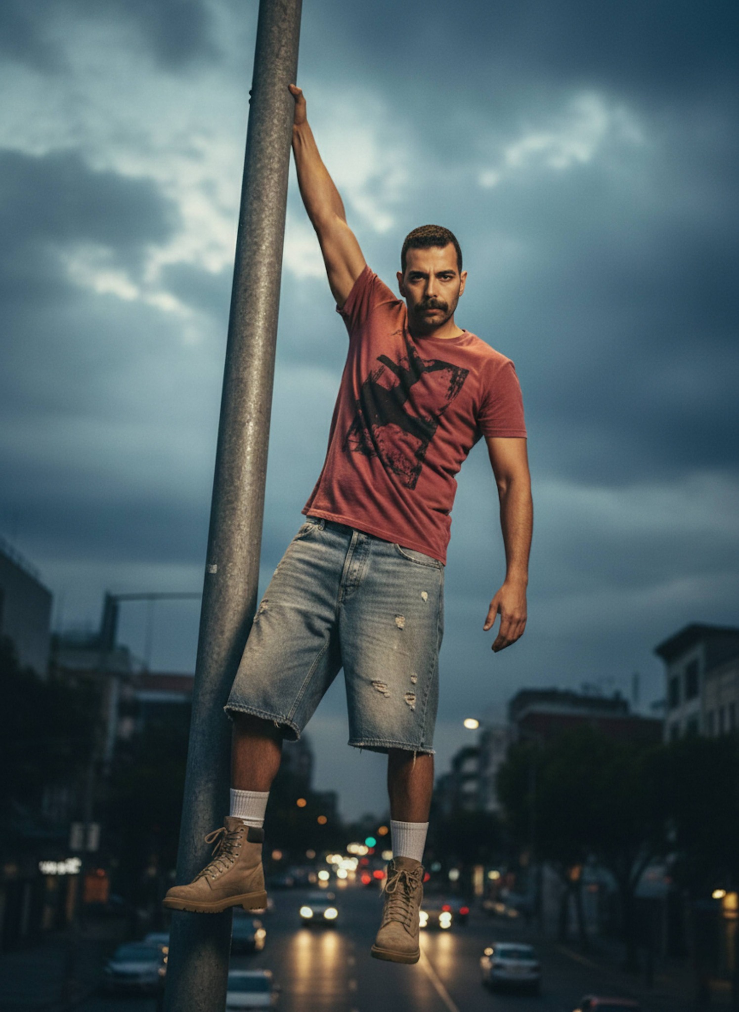 Dramatic portrait of a person hanging one-handed from a traffic pole above a city street in streetwear