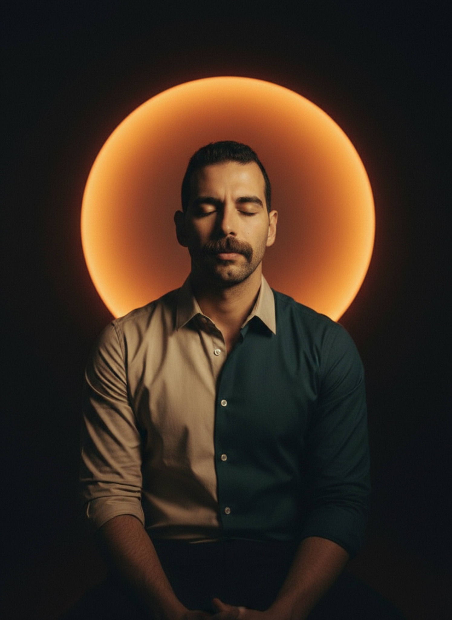 Moody cinematic portrait with glowing orange halo behind head and warm amber tones on dark background
