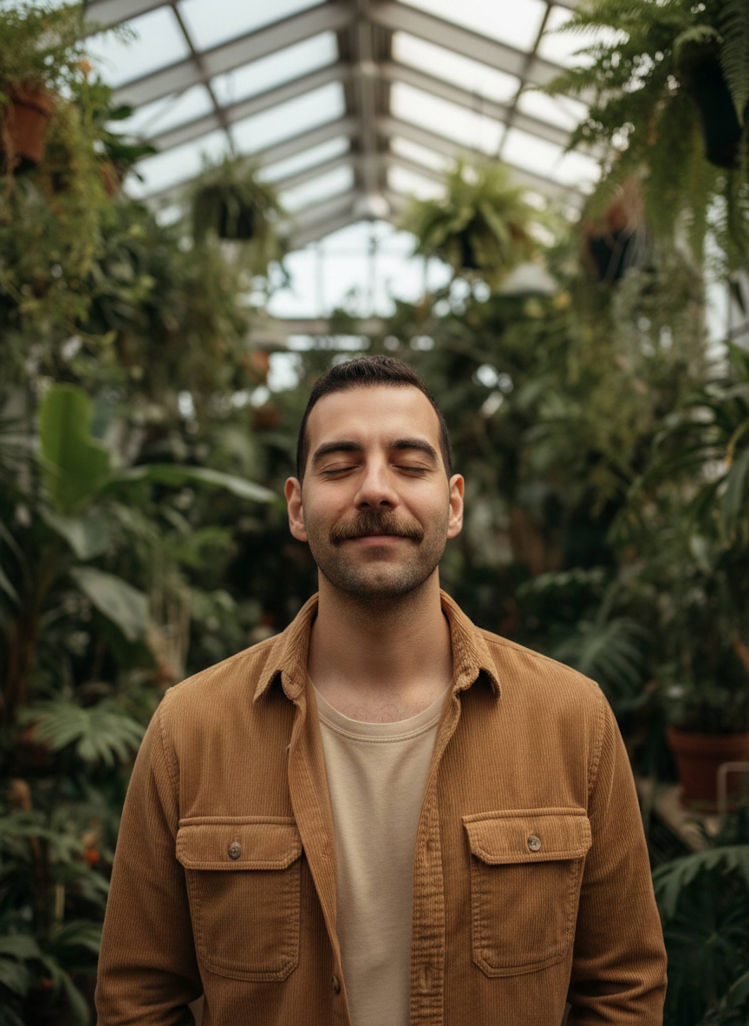 Top-down portrait of a person with closed eyes in a tan shirt surrounded by lush tropical plants in a sunroom
