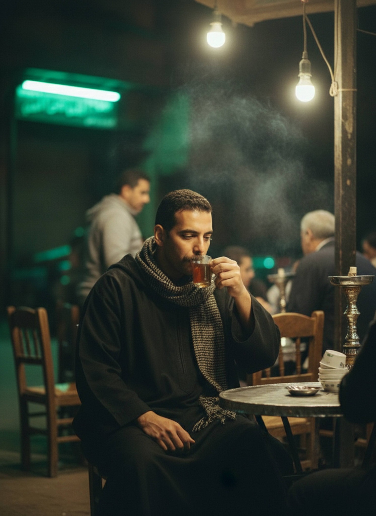 Moody portrait of a person sipping mint tea at a dimly lit street cafe at night with atmospheric smoke