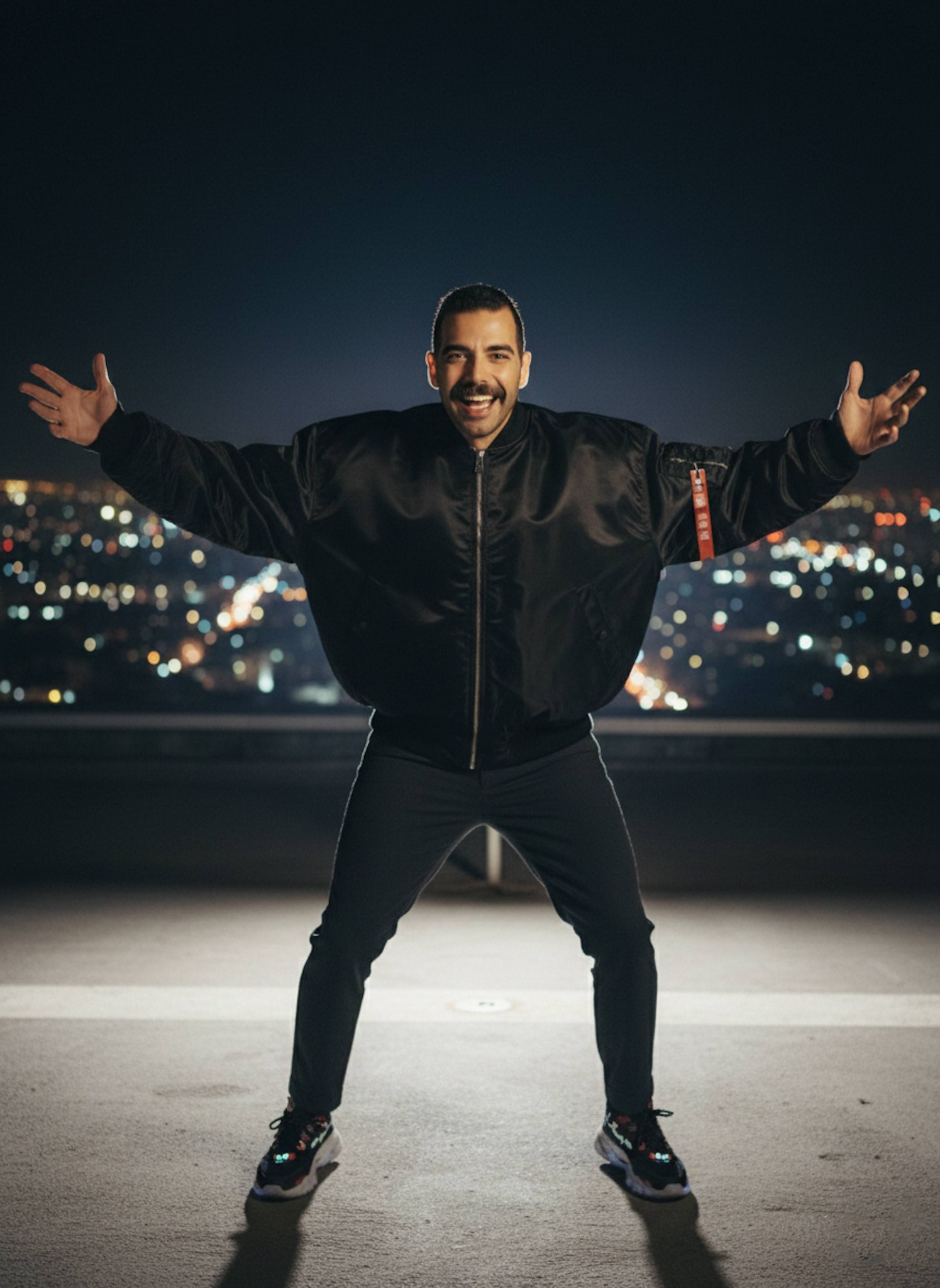 Dynamic fashion portrait of a person with arms open on a rooftop helipad at night with city lights behind