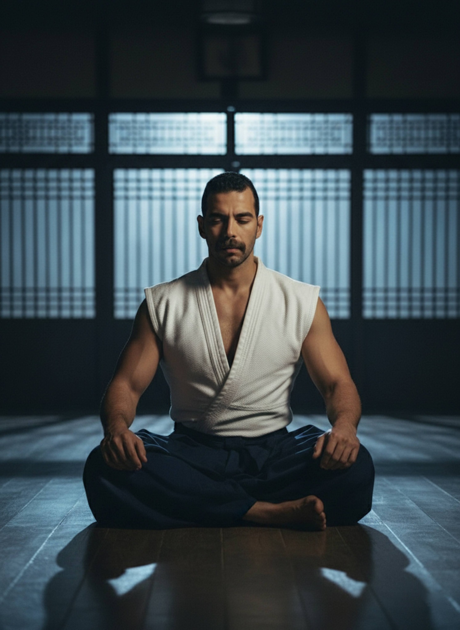 Anime-style portrait of a person meditating cross-legged in a moonlit dojo wearing a white gi and navy hakama