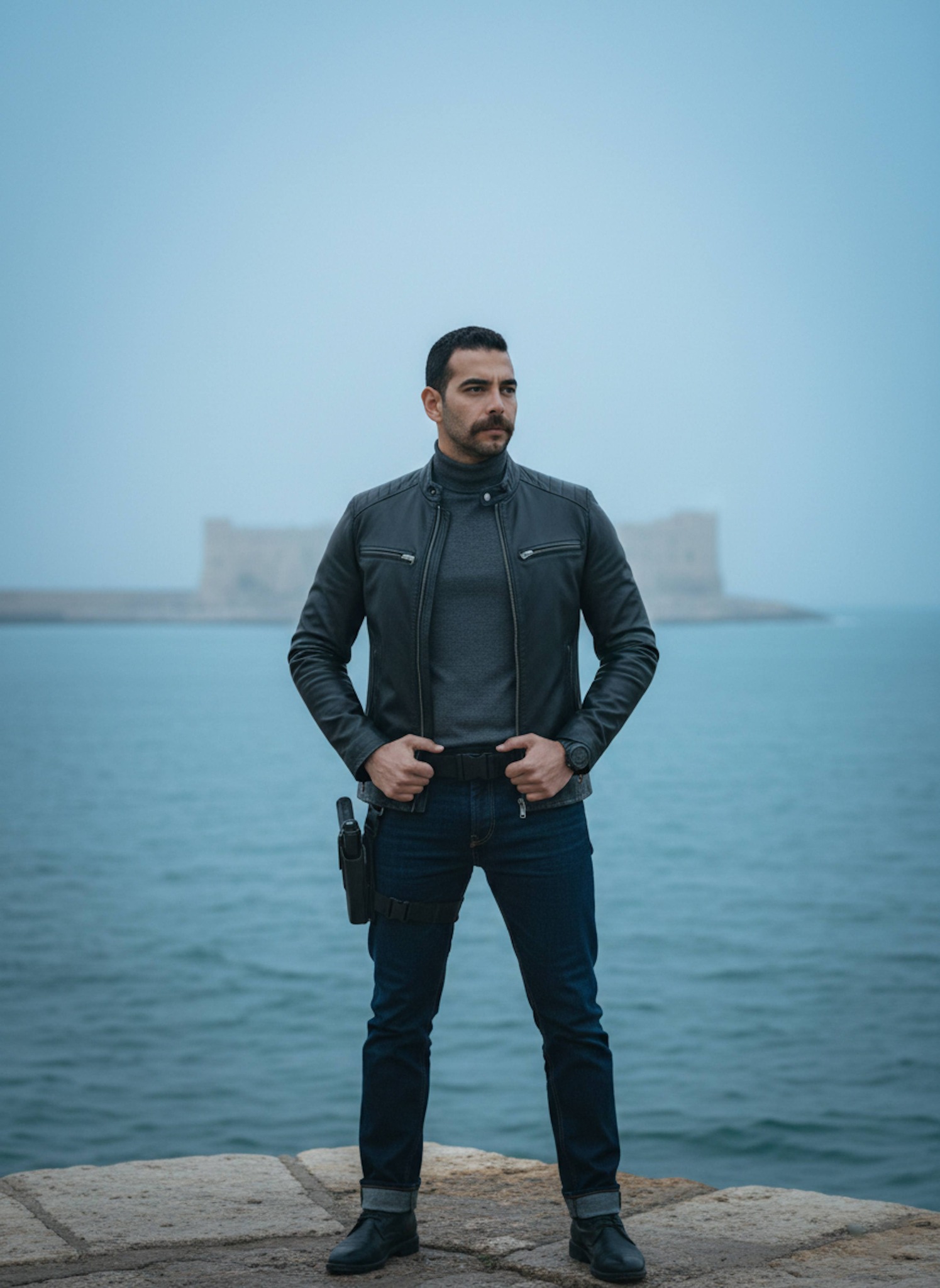 Powerful portrait of an officer standing at Alexandria harbor edge with the Citadel of Qaitbay in misty background