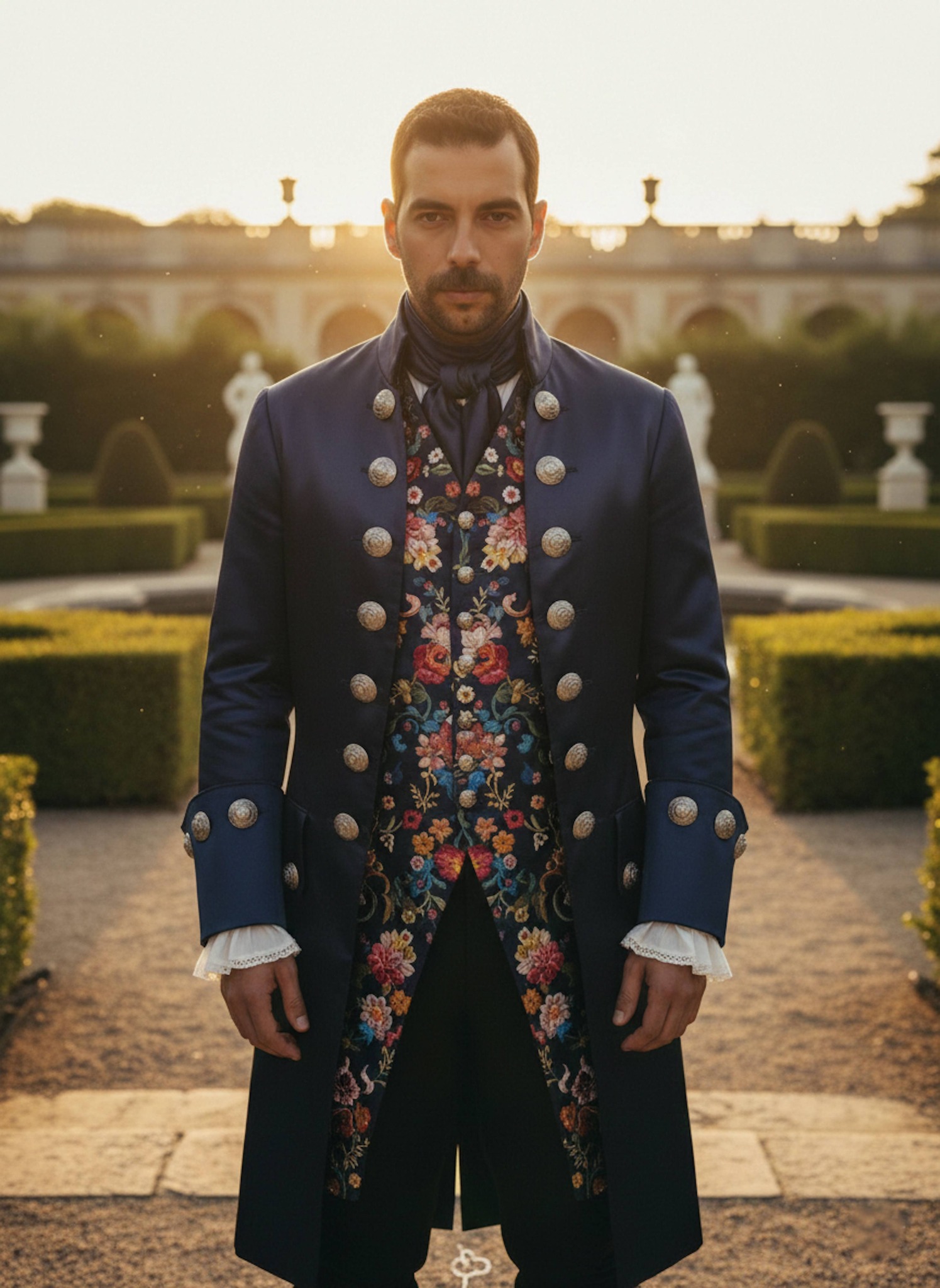 Person in a deep navy silk Baroque coat bowing in a formal garden with manicured hedges at golden hour sunset