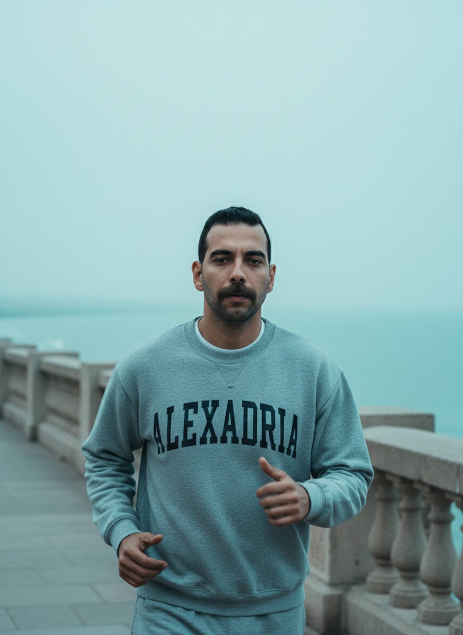 Person in 90s athletic wear jogging along the seaside Corniche in fresh morning coastal light with the Mediterranean sea
