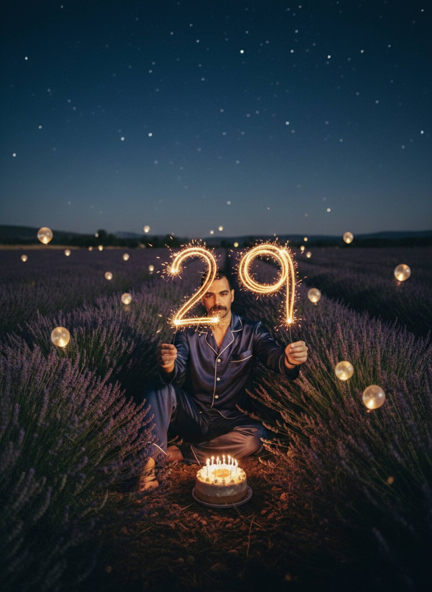 Dreamy portrait in a lavender field at night with sparklers glowing balloons and a luminous cake