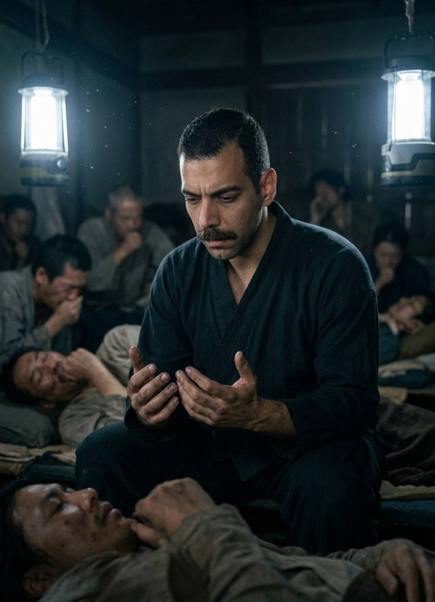 Cinematic portrait of a war survivor sitting in a makeshift shelter looking at trembling hands in harsh cold light