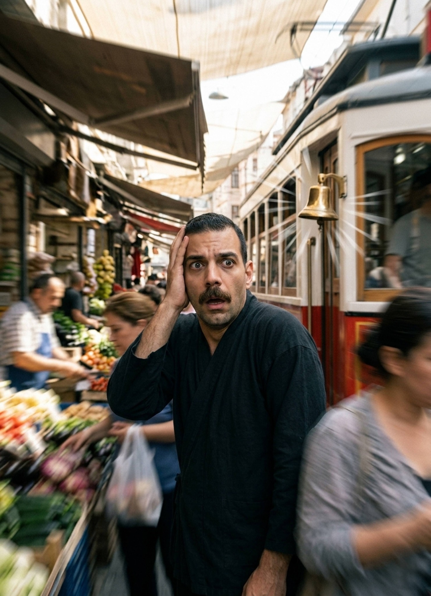Cinematic portrait of a person flinching with wide eyes in a crowded marketplace with motion blur on surrounding crowd