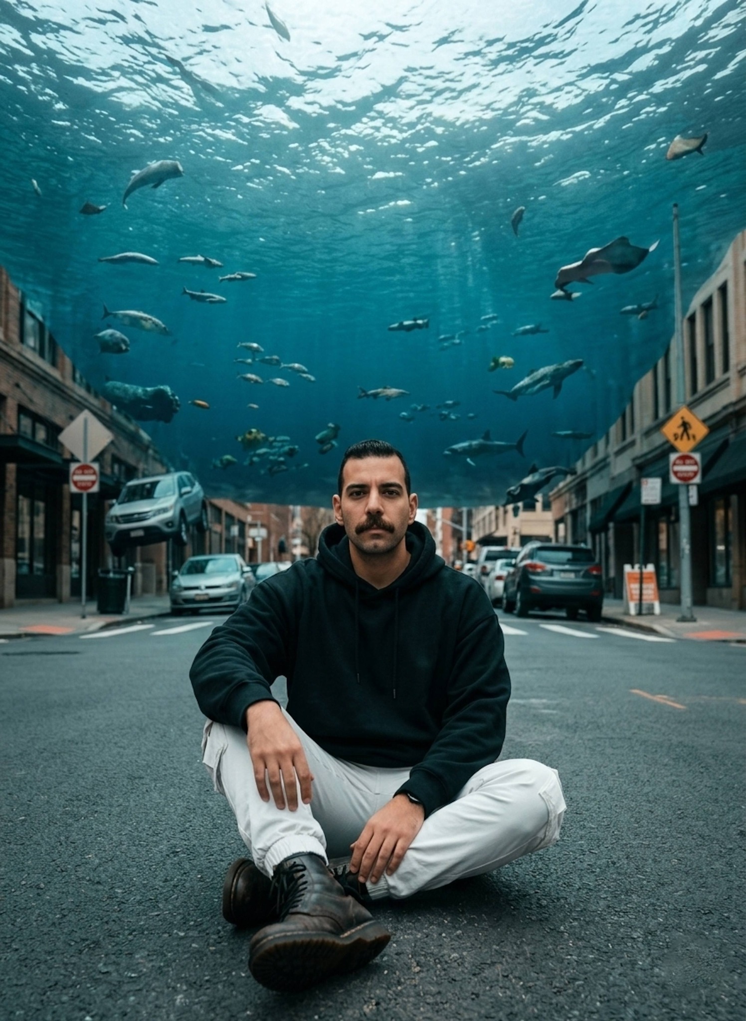 Surreal portrait of a person sitting calmly on a city street with an ocean of water floating above them