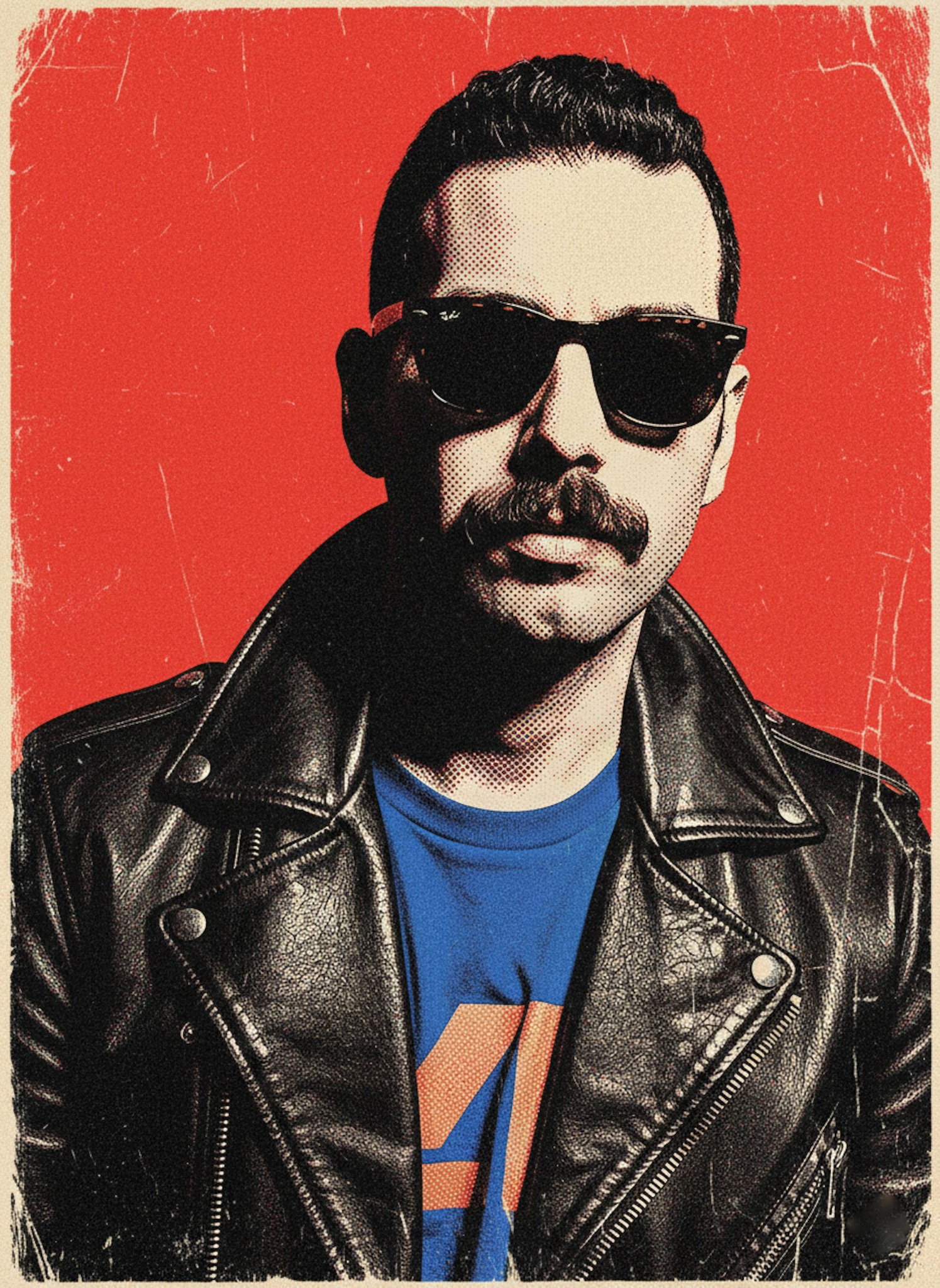 Bold pop art halftone portrait with high-contrast dramatic lighting from a low angle conveying defiance