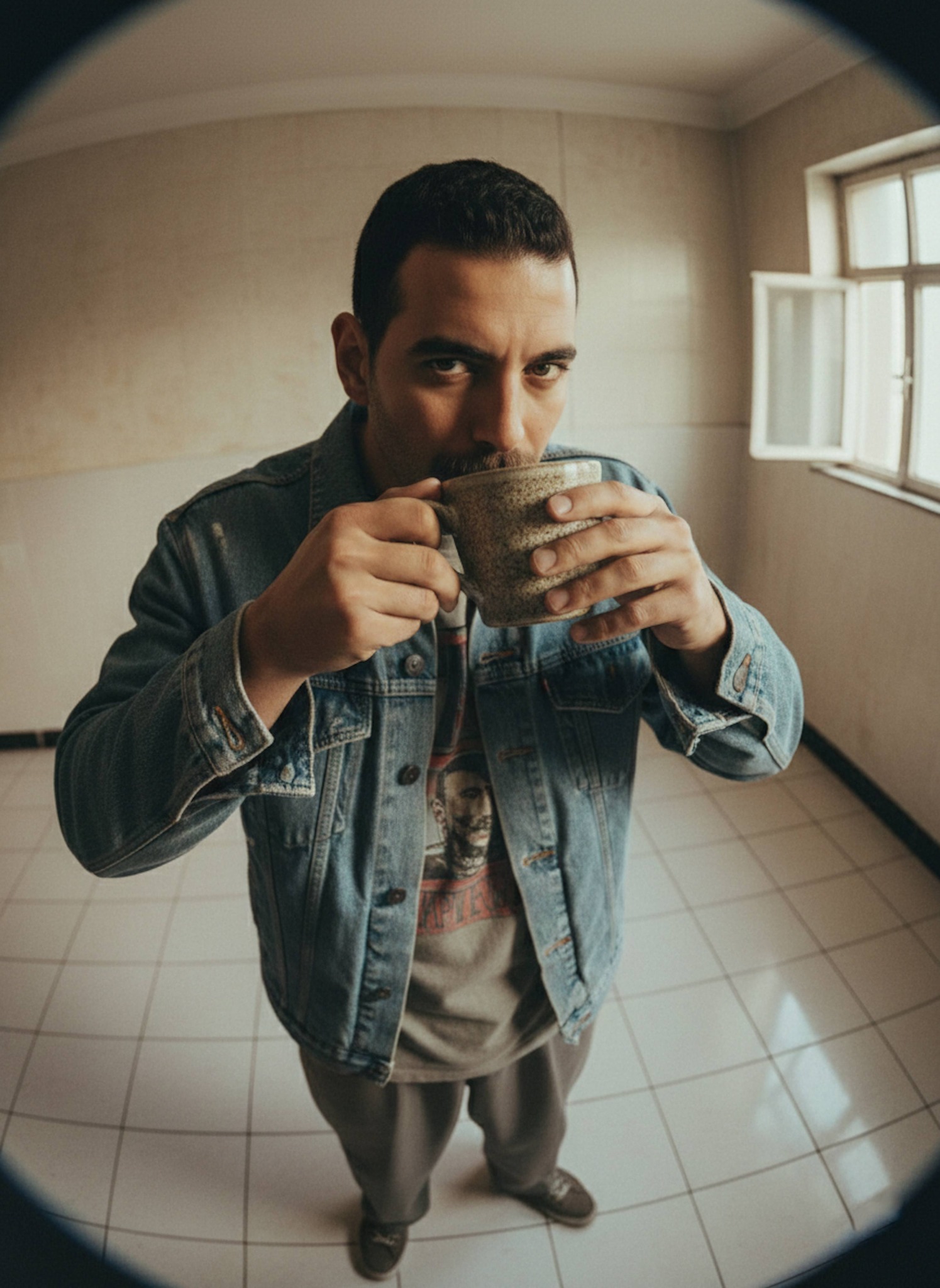 Retro 90s fisheye portrait of a person drinking from a mug in a warm interior with glossy tiles