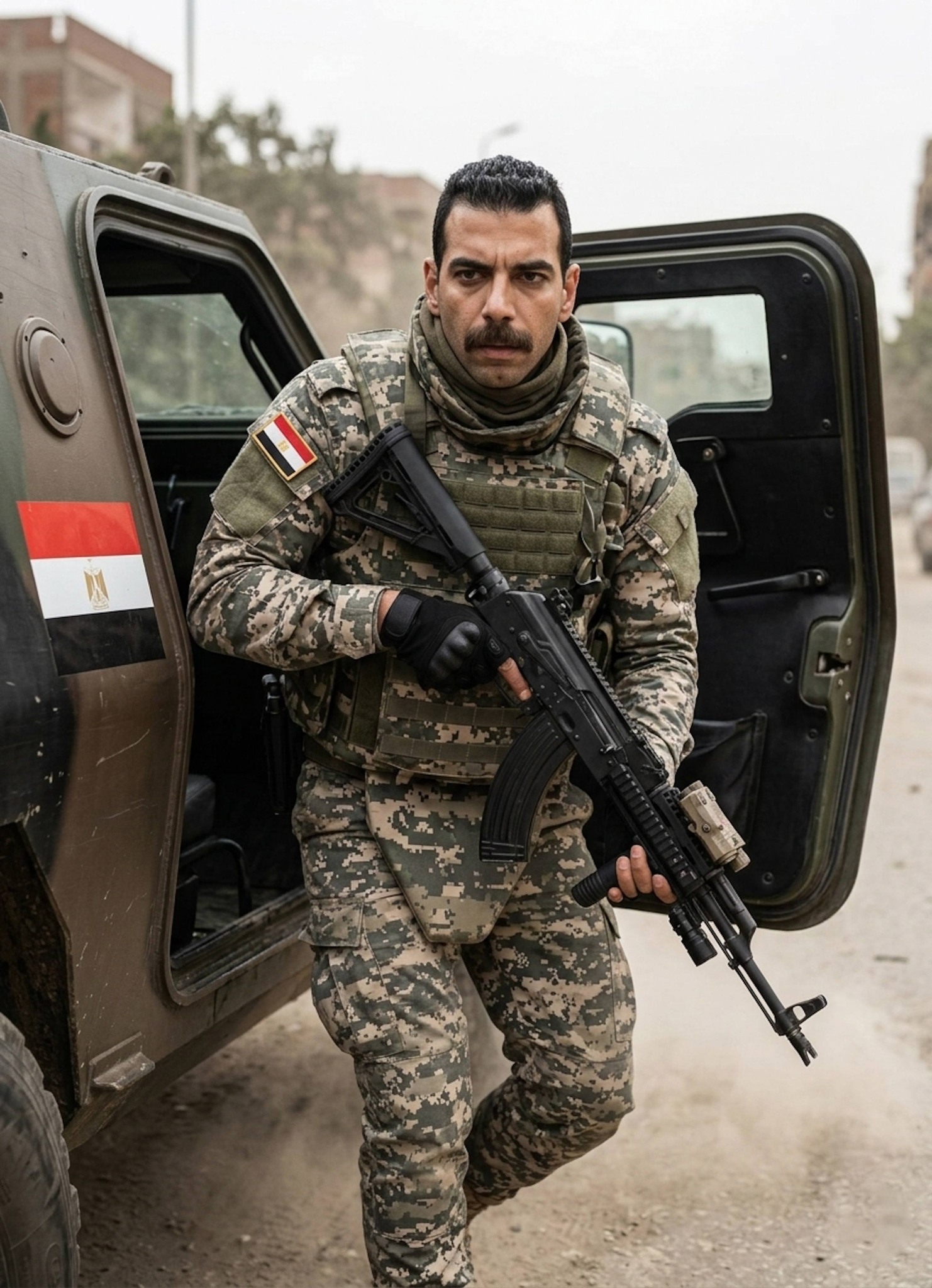 Tactical portrait of a soldier in digital camouflage and heavy body armor exiting an armored vehicle in urban setting