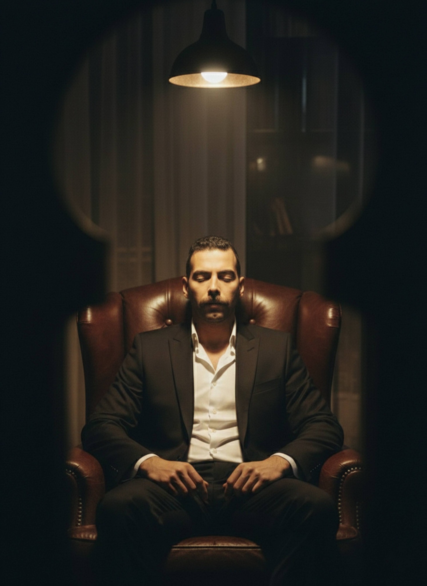 Dark noir portrait of a person in a formal suit sitting in a leather armchair under a warm spotlight
