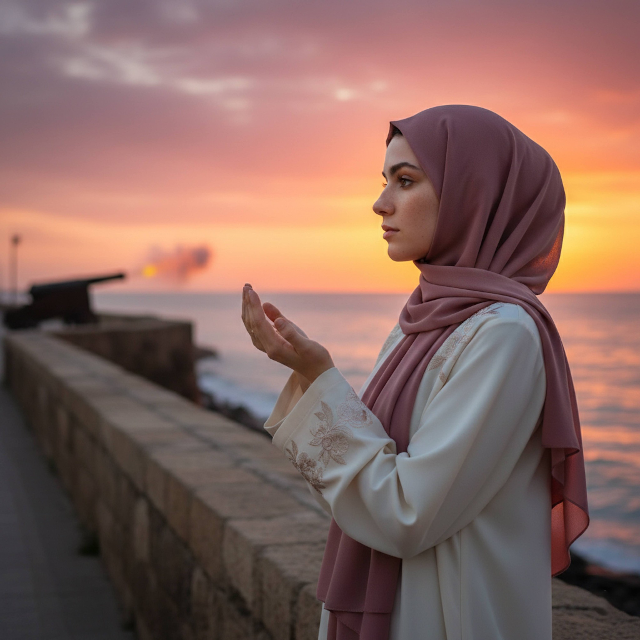 Person with hands raised in prayer on the Mediterranean coast at sunset with warm golden-orange spiritual light