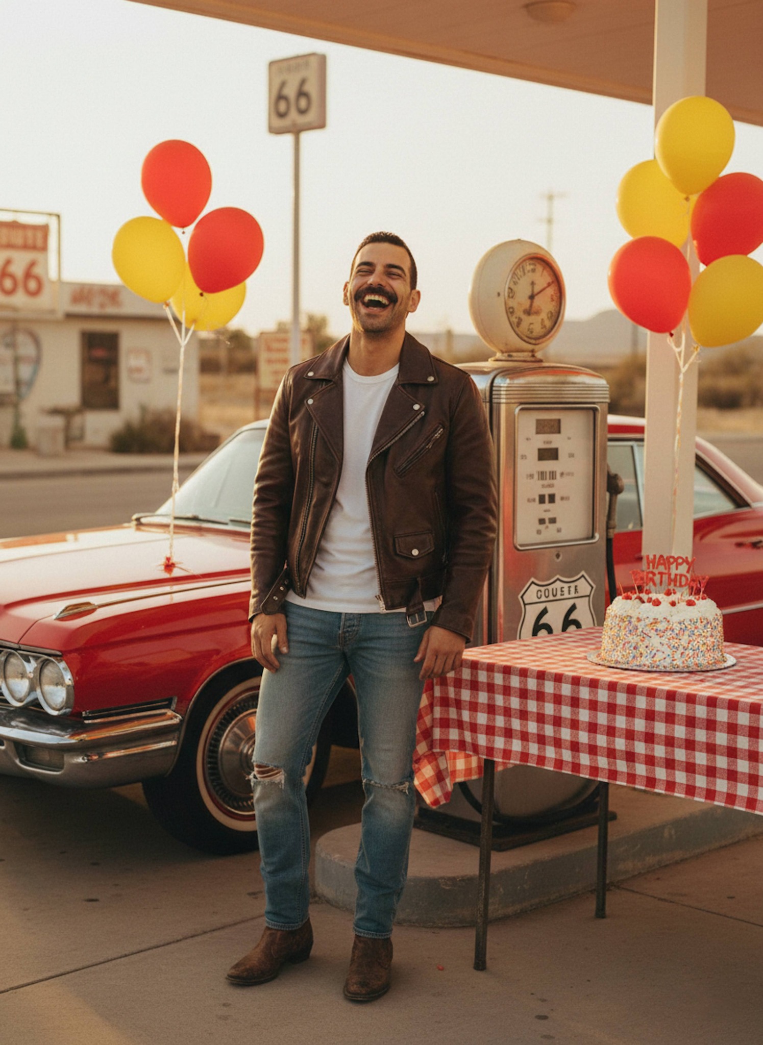 Retro portrait at a Route 66 gas station with a 1960s car red balloons and leather biker jacket