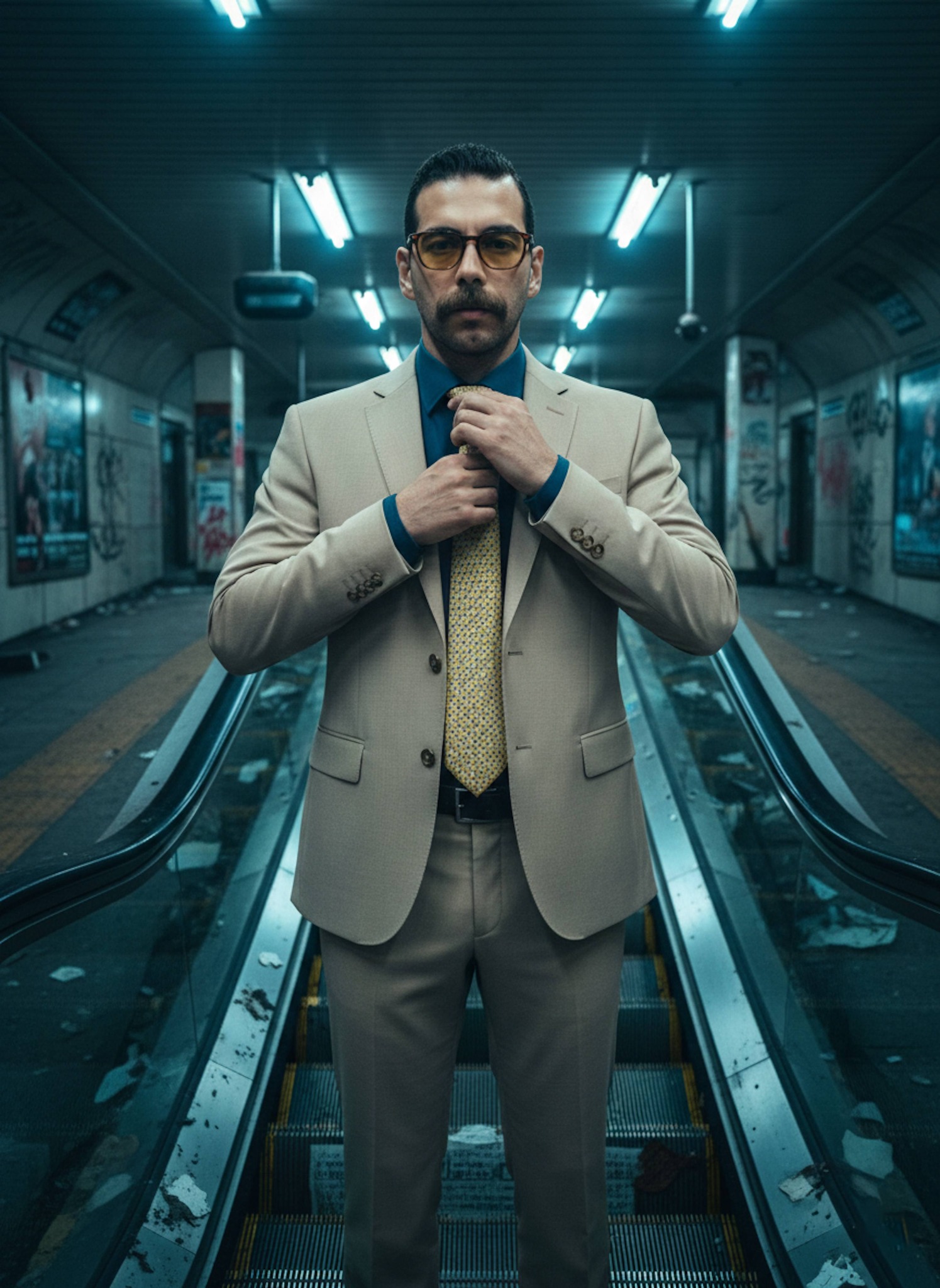 Anime-style portrait of a person adjusting a yellow geometric tie at the top of a broken Shibuya underground escalator