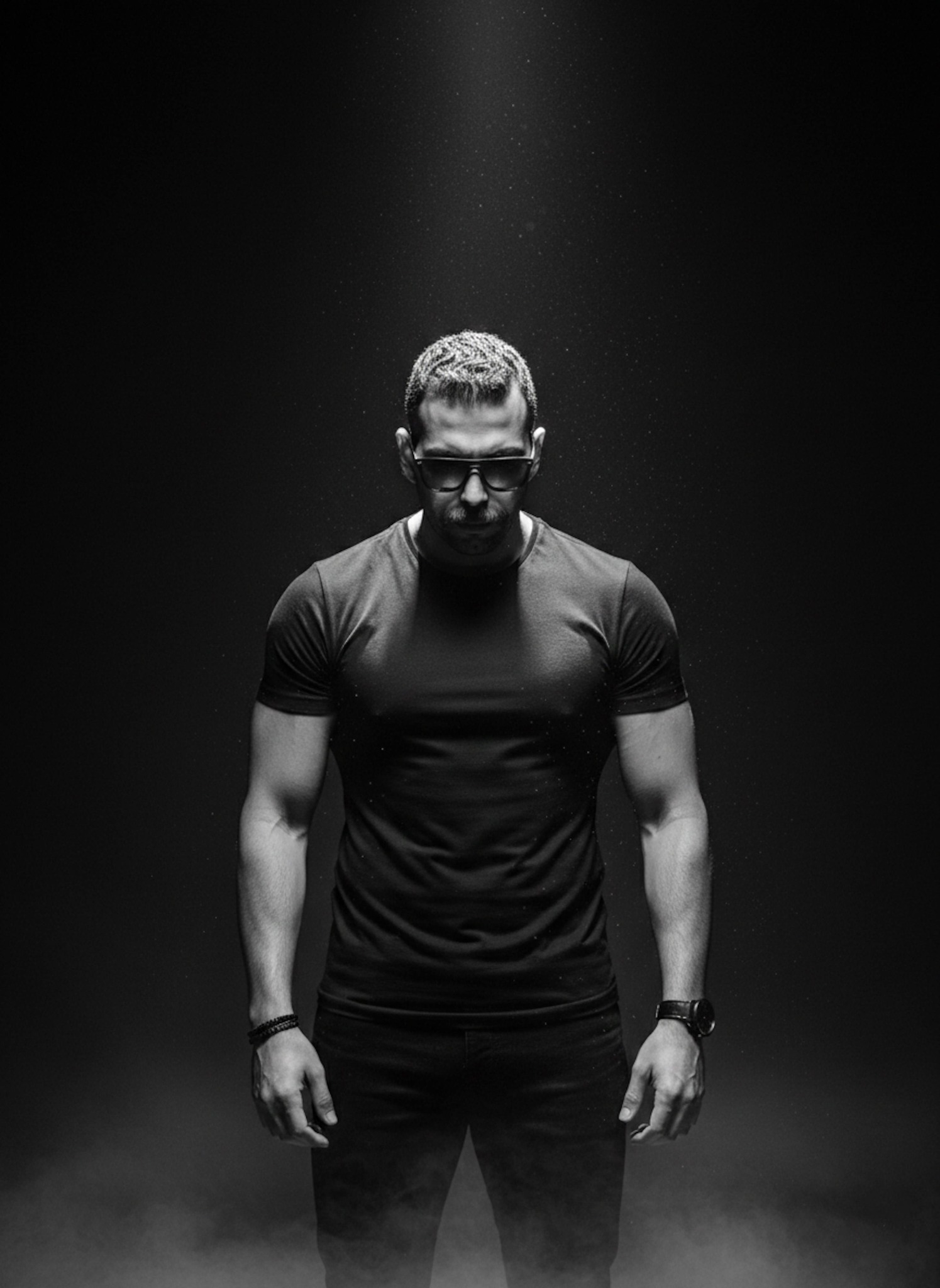 High-contrast black and white portrait of a muscular figure in sunglasses under a dramatic studio spotlight