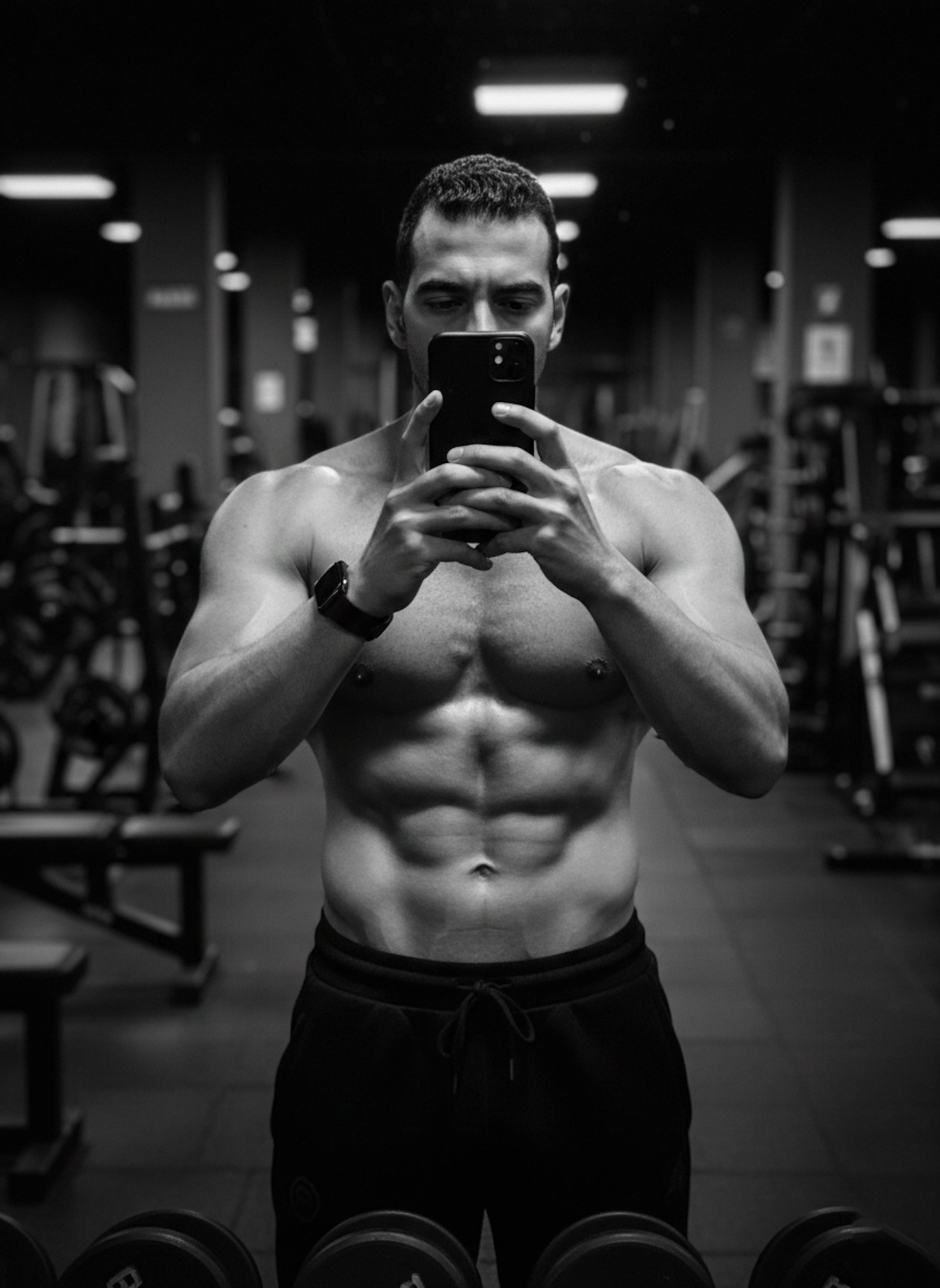 Dark moody gym selfie portrait of a muscular person in athletic pants with dimly lit equipment behind