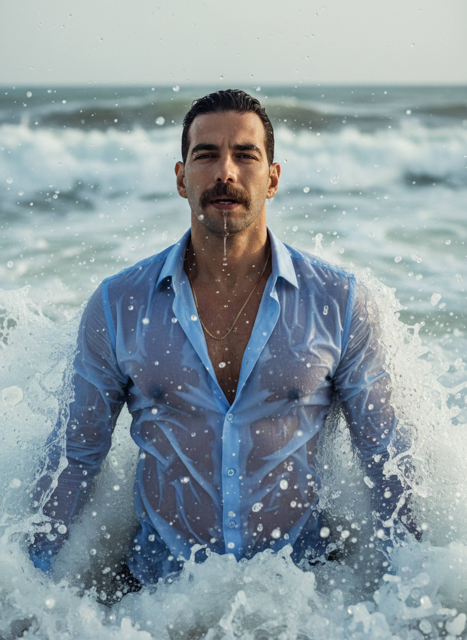 Dramatic portrait of a person emerging from choppy sea waves in a wet translucent blue shirt with gold necklace