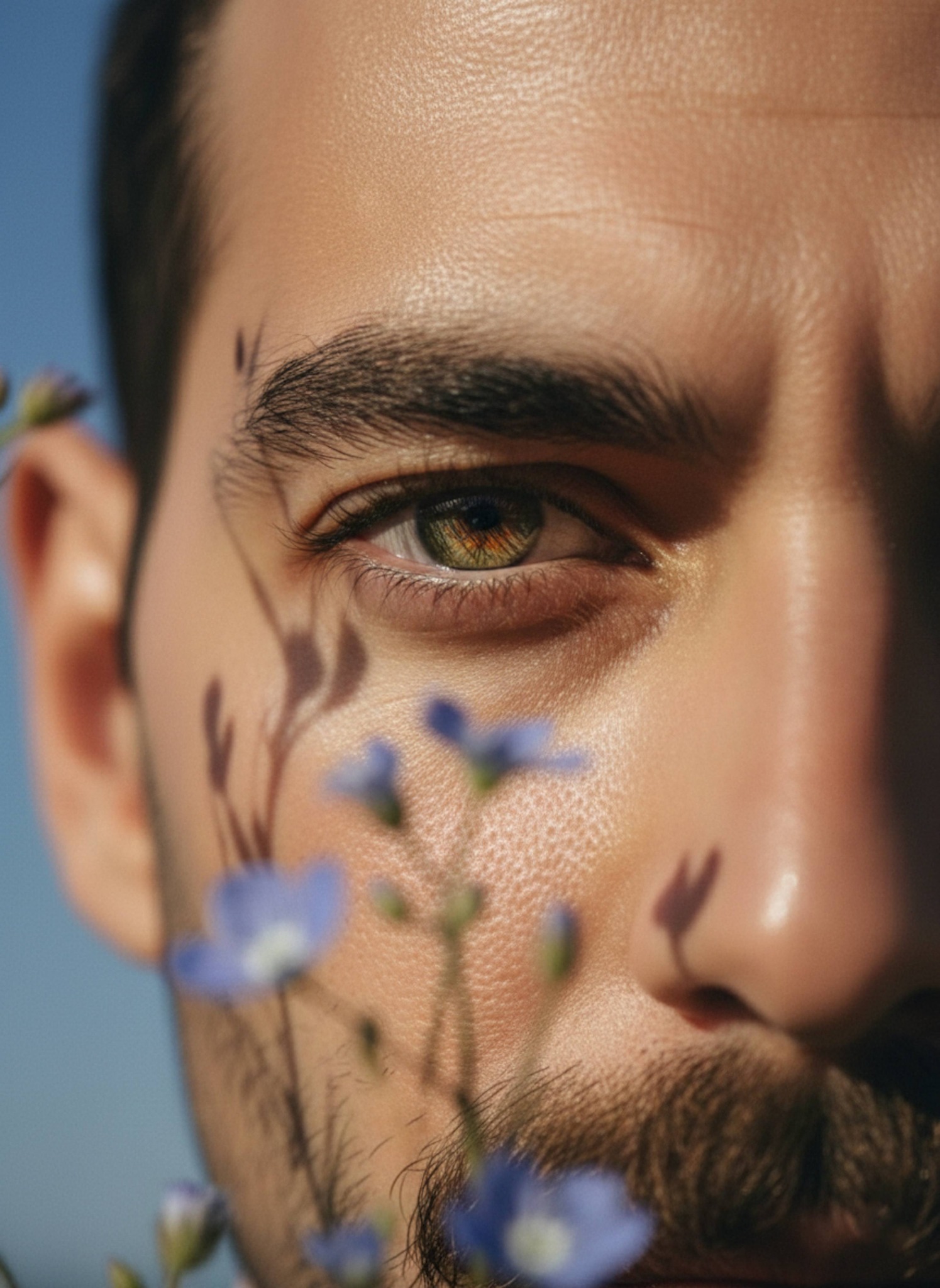 Extreme macro close-up of a bright hazel eye with wildflower shadows and sun-kissed dewy skin detail