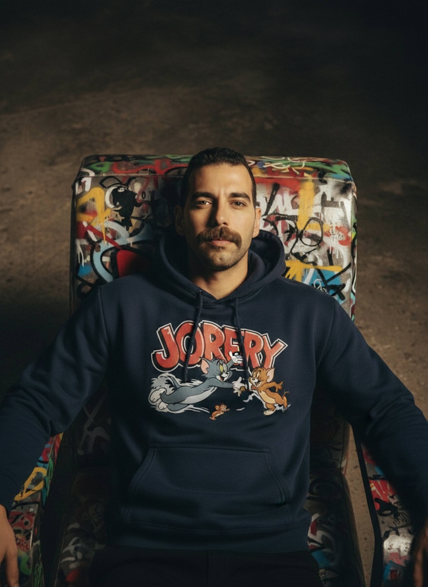 Urban portrait of a person reclining in a graffiti-painted metallic chair wearing a navy hoodie on concrete floor