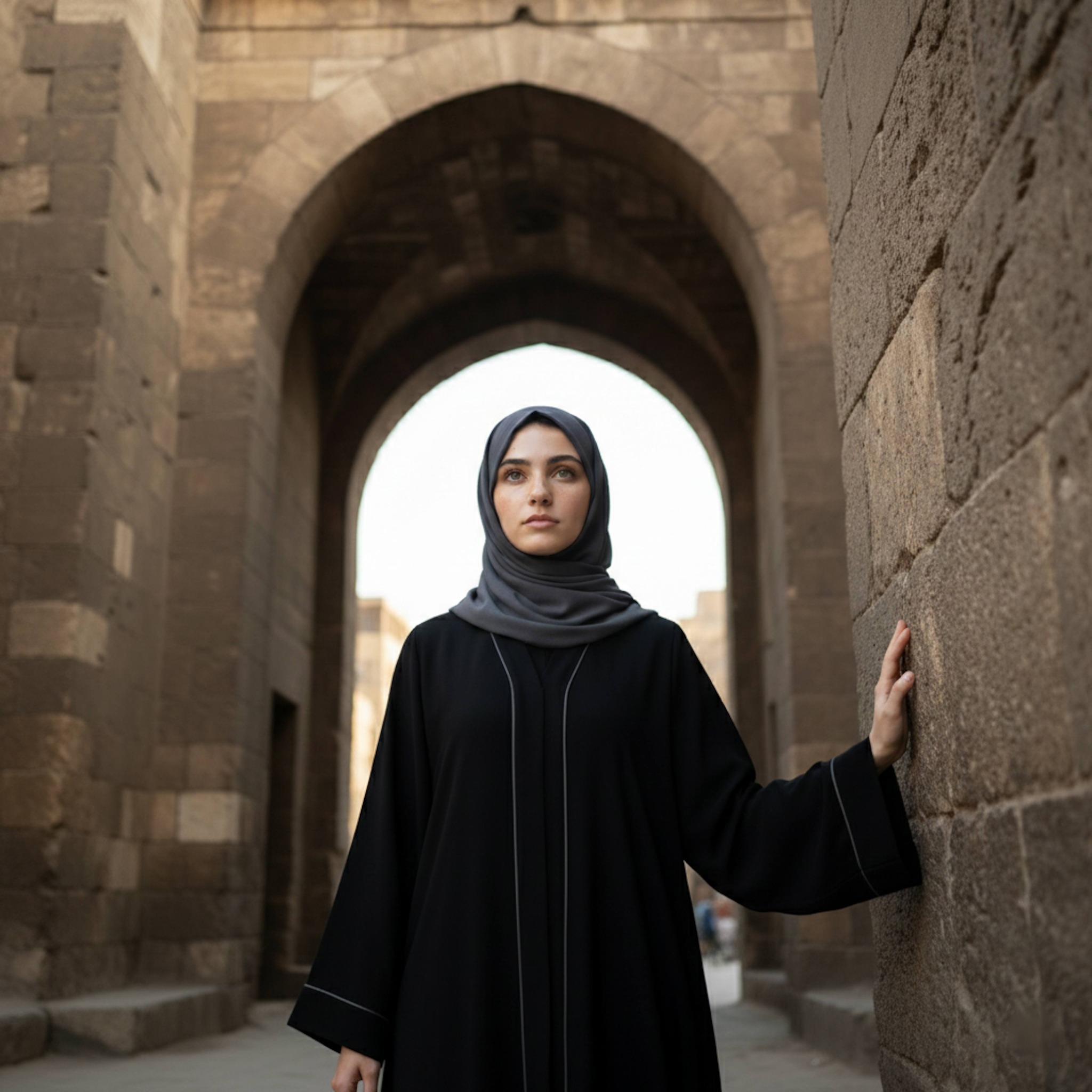 Person standing under the massive stone arch of Bab Zuweila gate in historic Cairo with ancient architecture