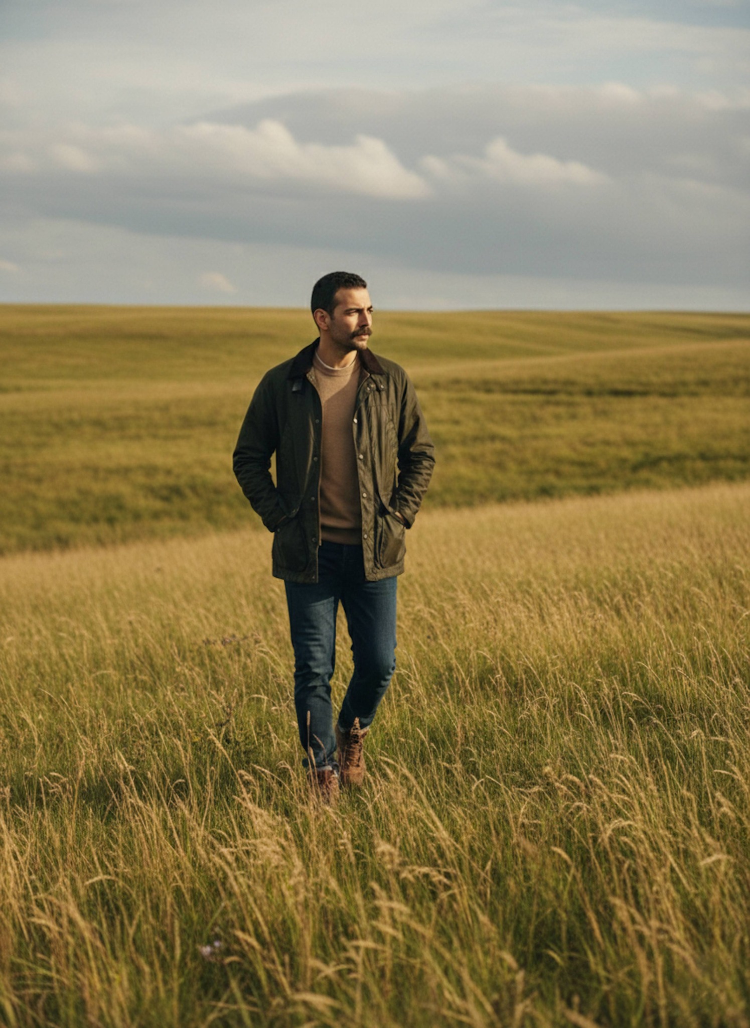 Serene portrait of a lone figure walking through undulating grassy fields under shifting sunlight with distant clouds