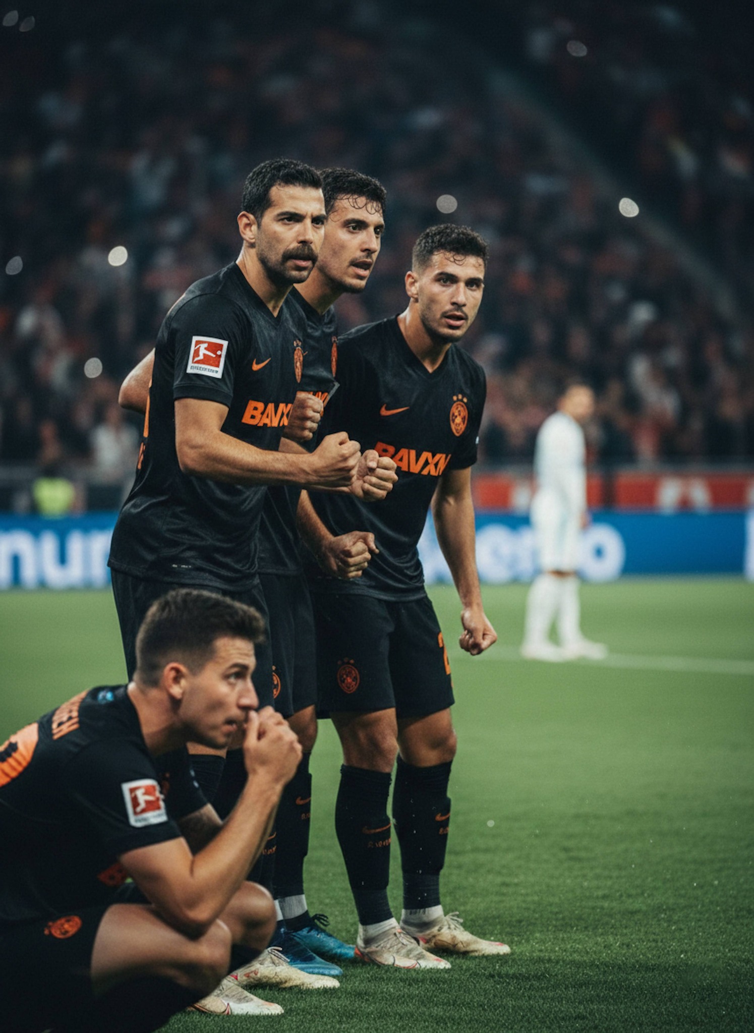Cinematic sideline portrait of a person reacting with intensity under night stadium floodlights
