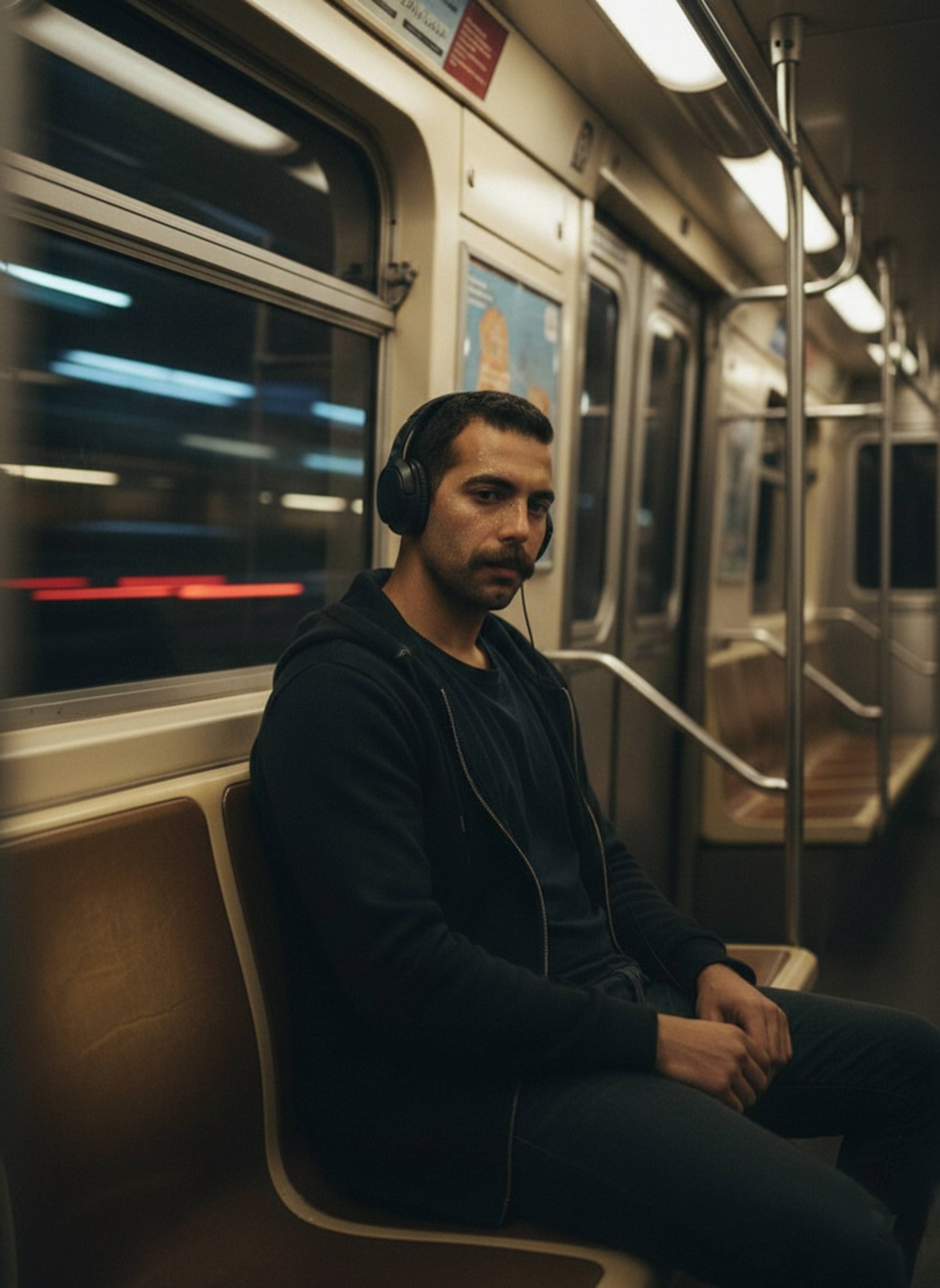 Cinematic portrait of a person wearing headphones in a subway car with blurred city lights rushing outside