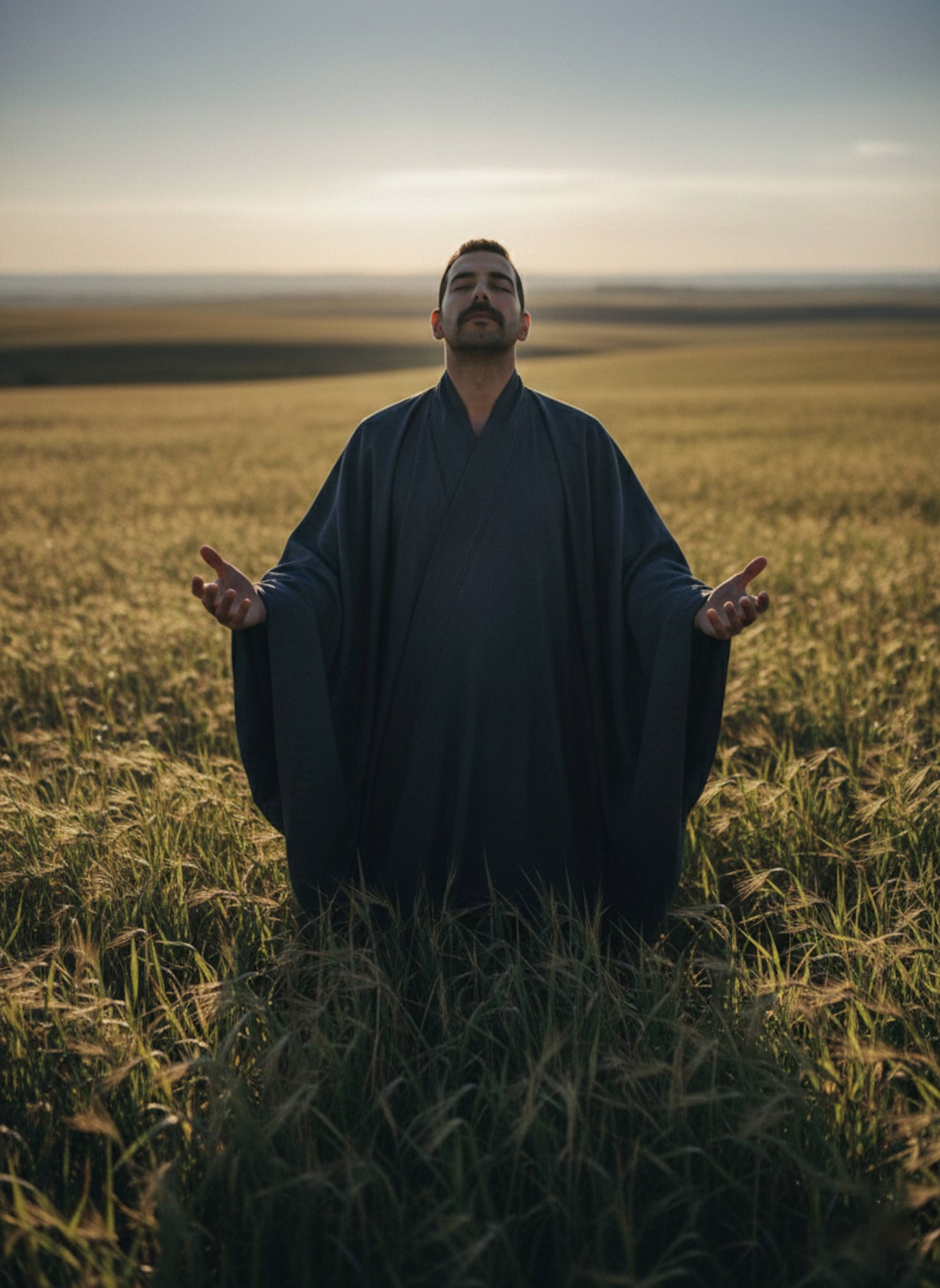 Spiritual portrait of a robed figure with rising arms in a luminous field with long stretching shadows