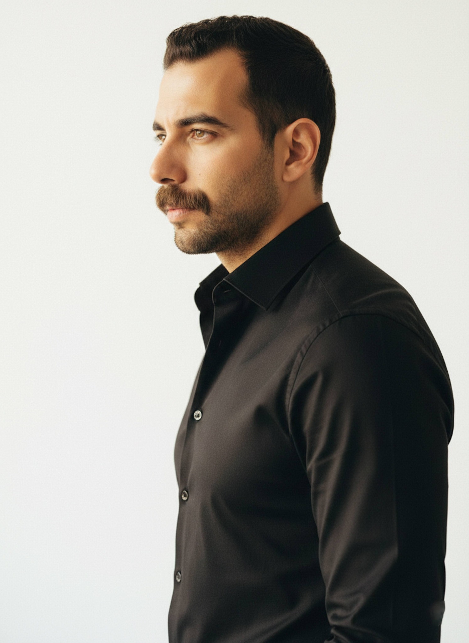 Polished side-view portrait of a person in a fitted black formal shirt against white background