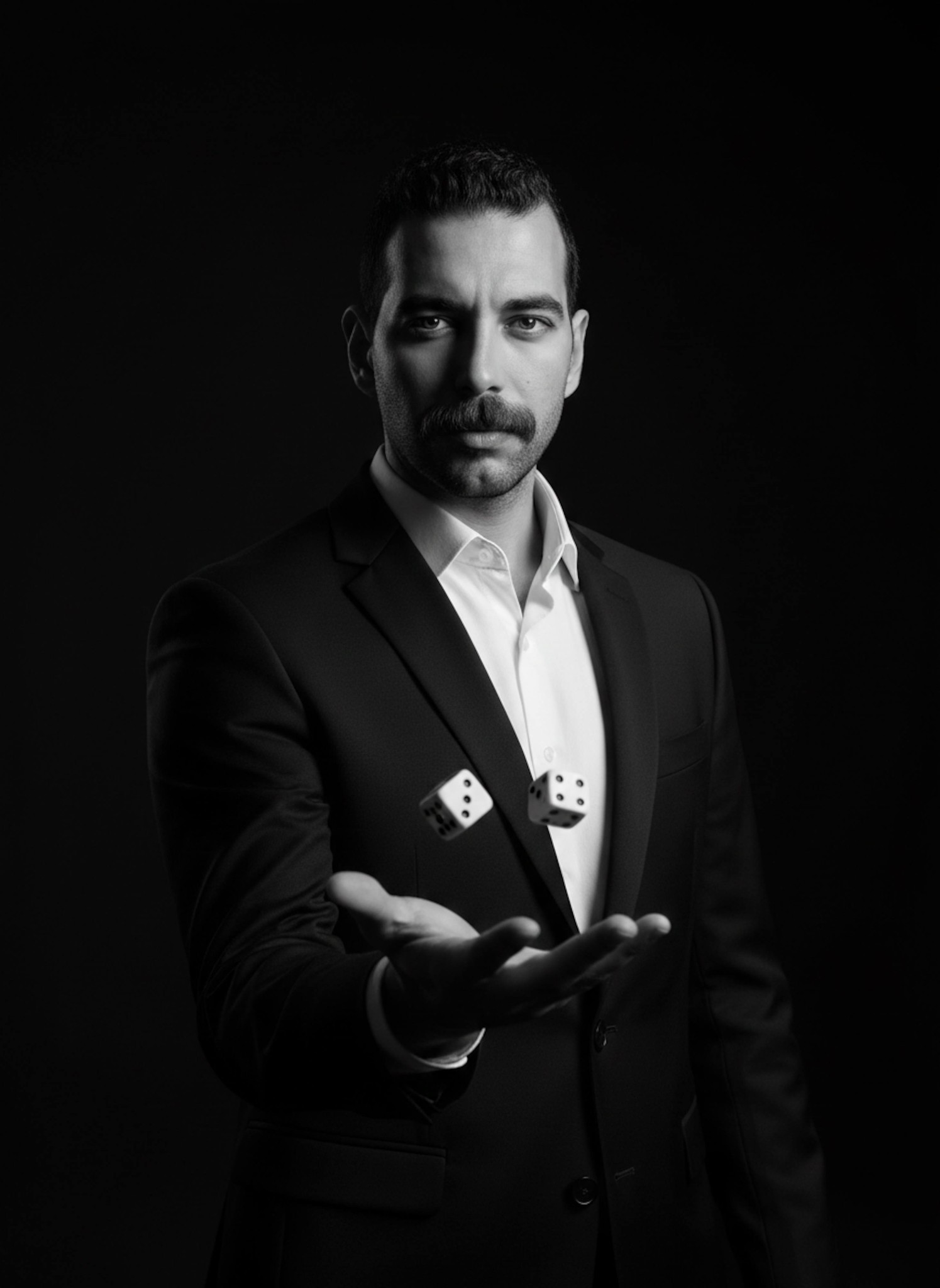 Ultra-realistic black and white portrait of a person in a black suit with calm eyes against dark background