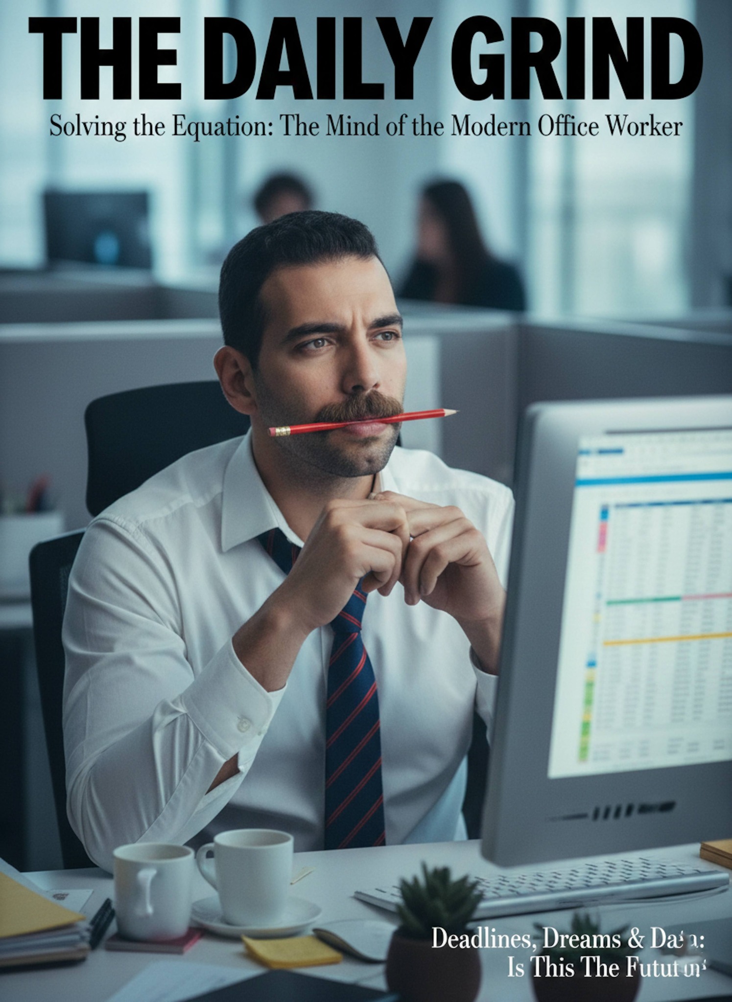 Magazine cover style portrait of an office worker with loosened tie twirling a red pencil while daydreaming