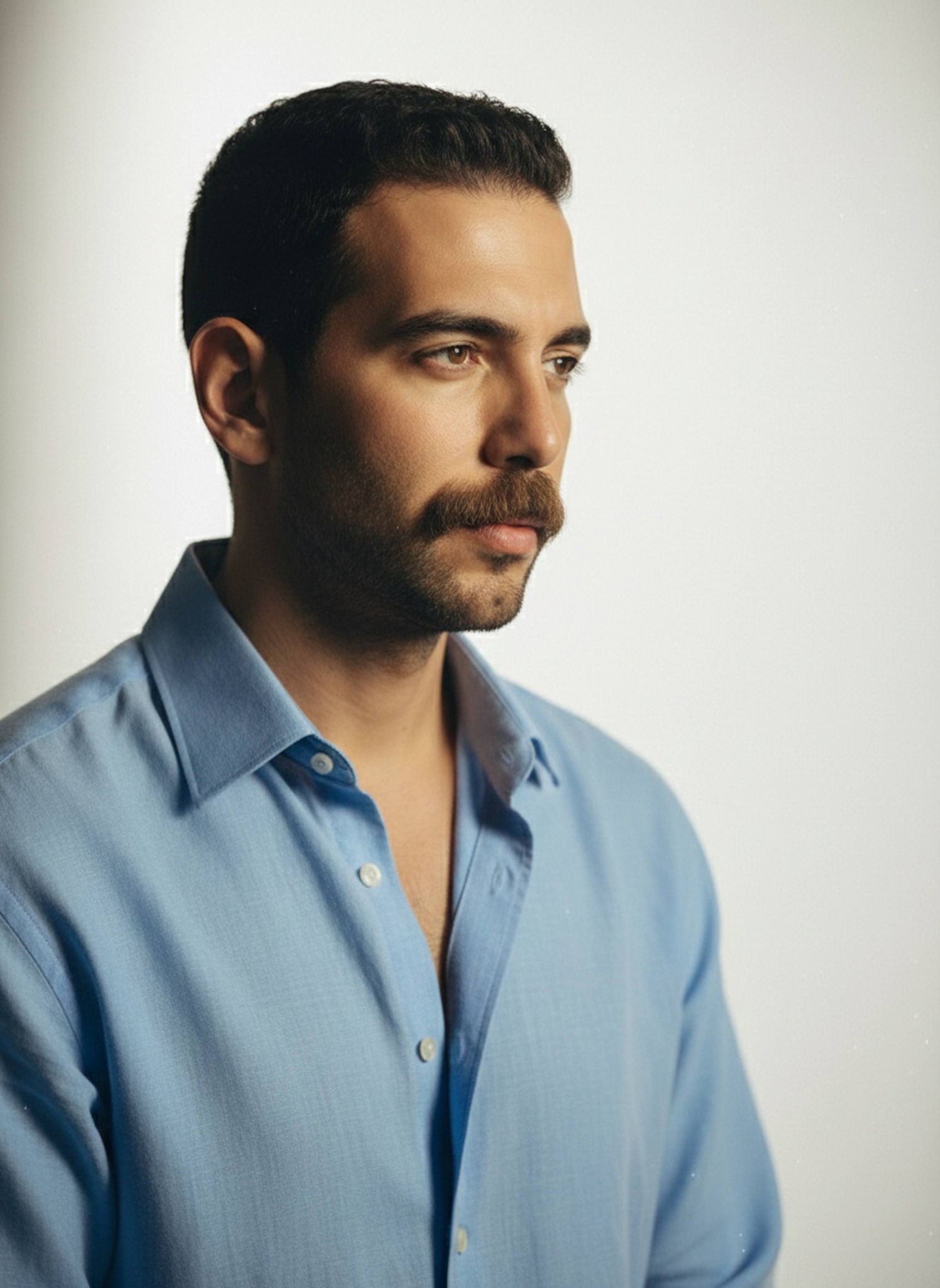 Hyperreal semi-profile editorial portrait with dual rim lighting creating an ethereal glow on skin detail