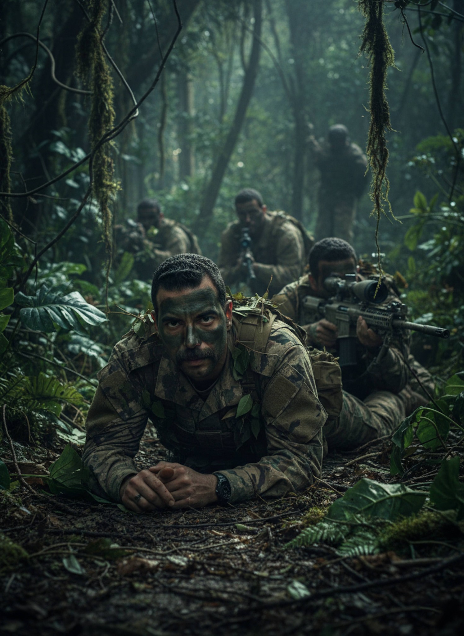 Cinematic portrait of a camouflaged soldier crawling through dense jungle vegetation aiming through a sniper scope