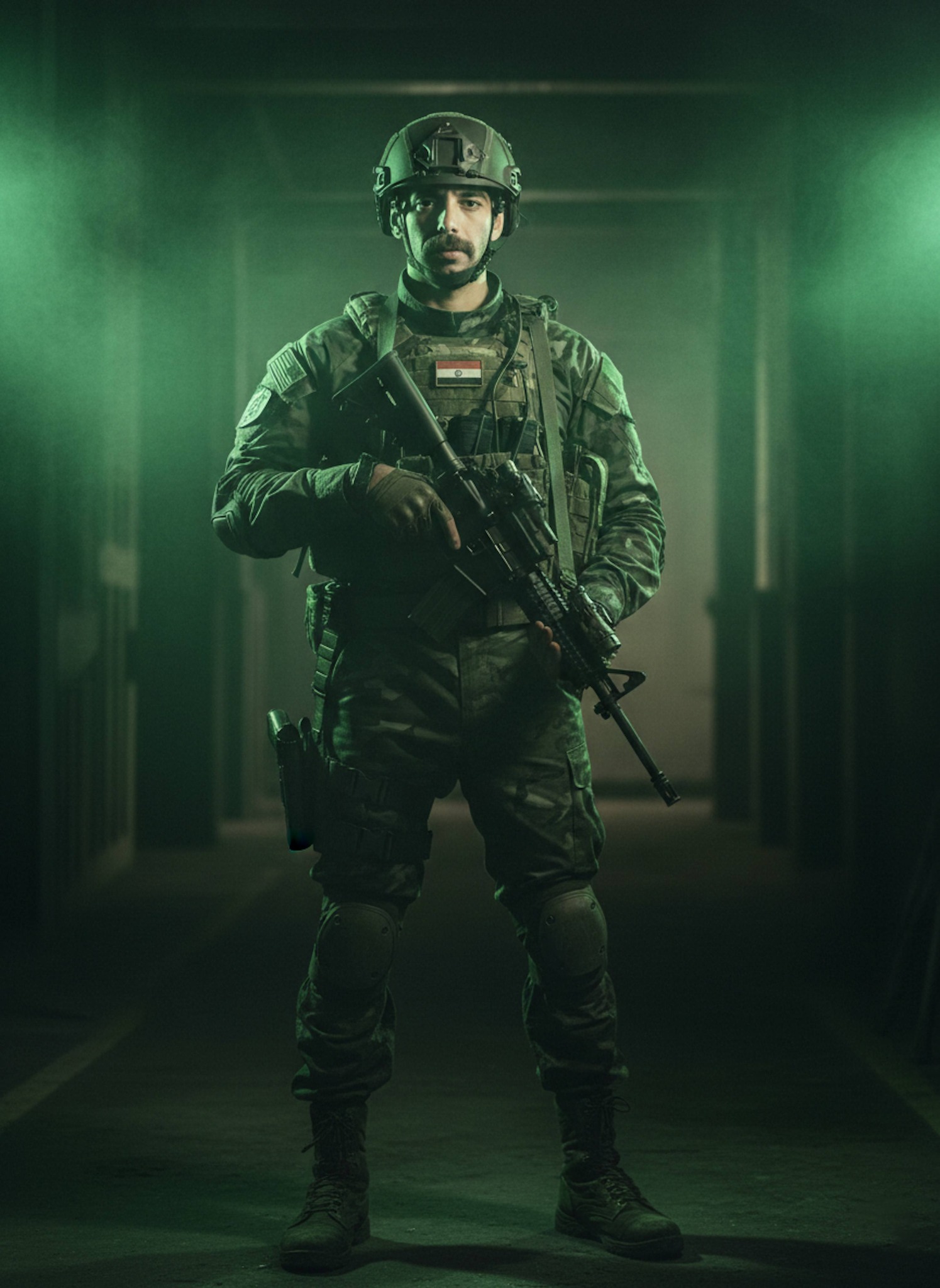Dramatic portrait of special forces operative in ranger gear illuminated by green gel lighting in noir style