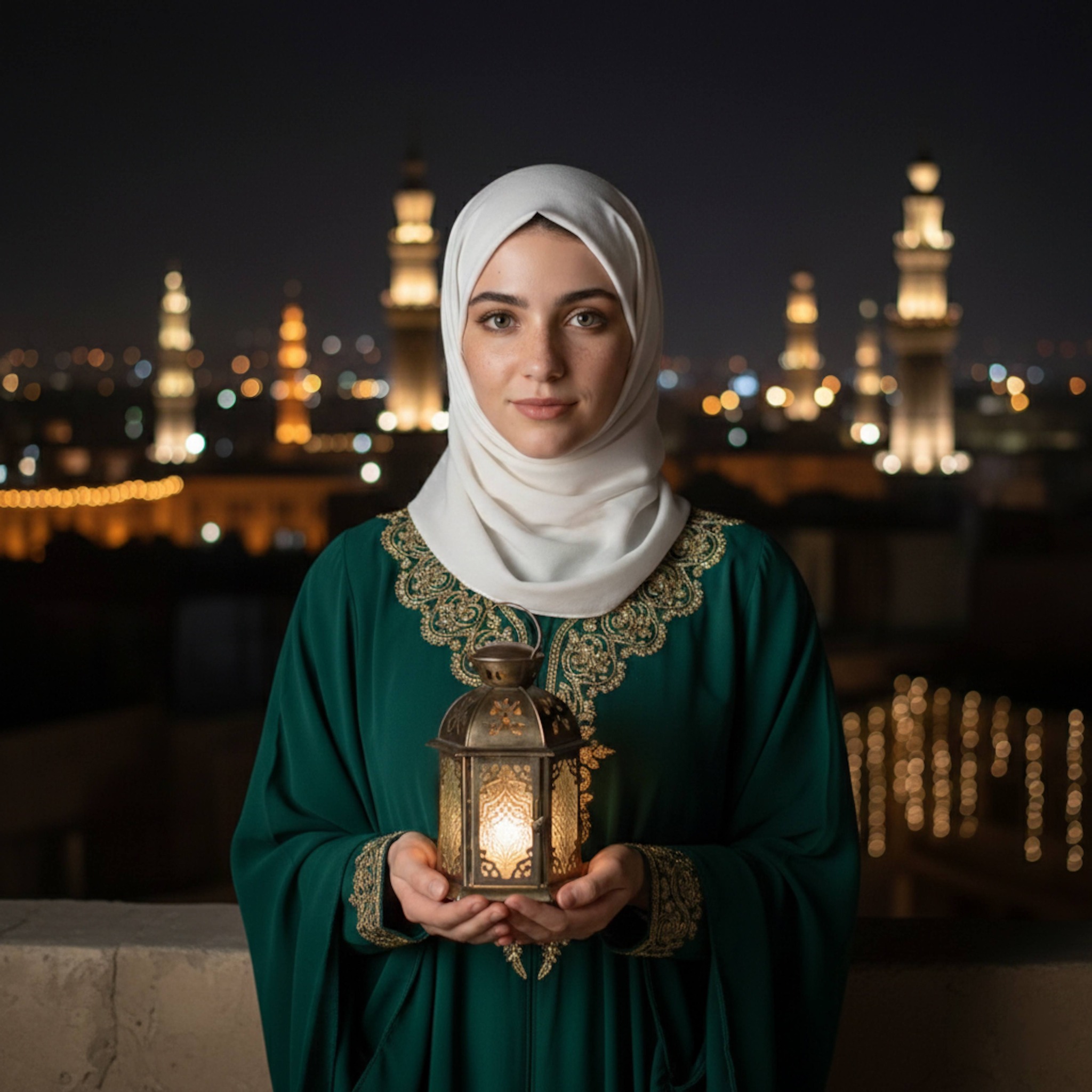 Person on a traditional rooftop in Old Cairo at night surrounded by glowing lanterns with illuminated minarets in the distance