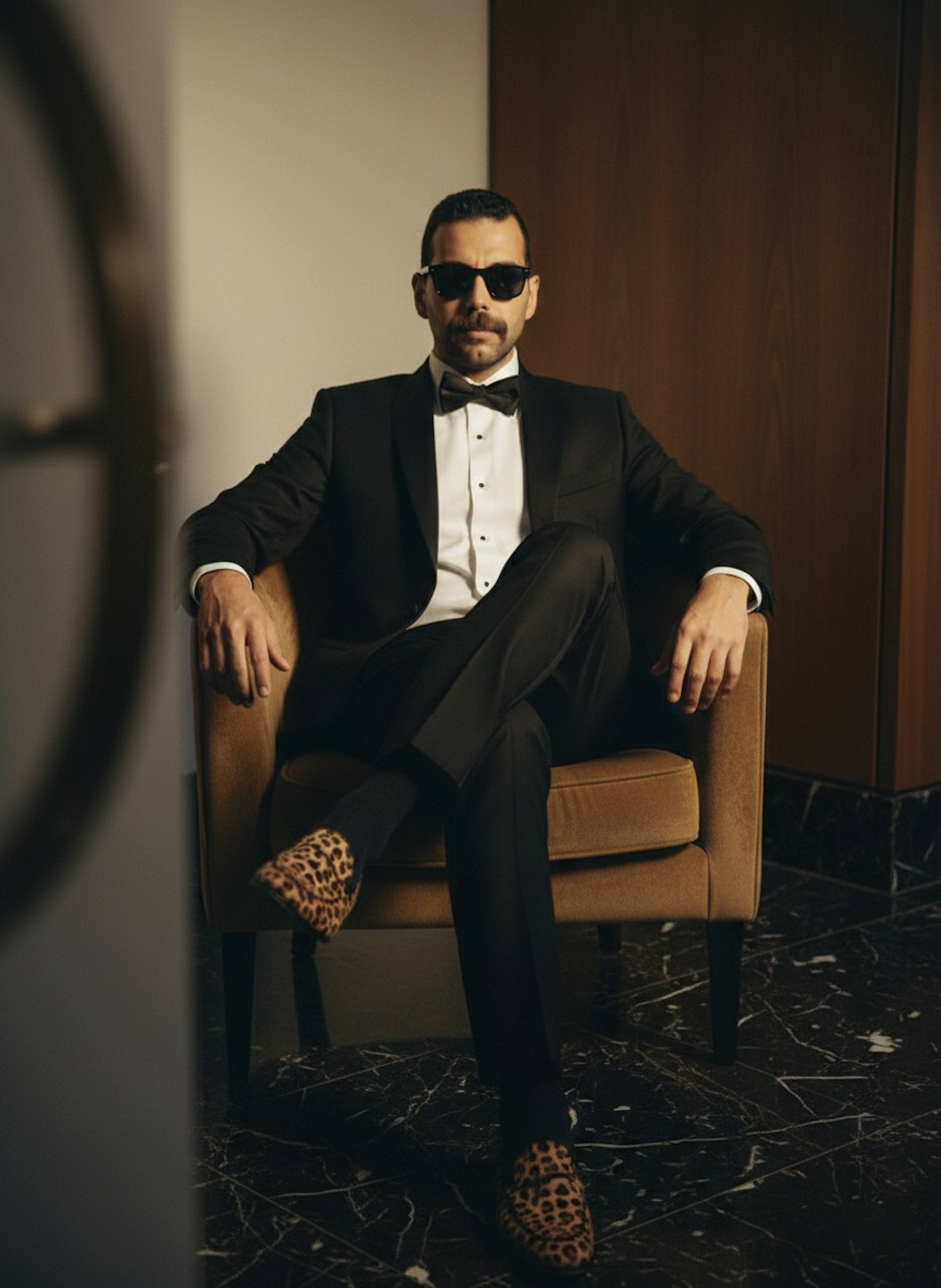 Elegant portrait of a person in a black tuxedo seated with legs crossed in a brown velvet club chair