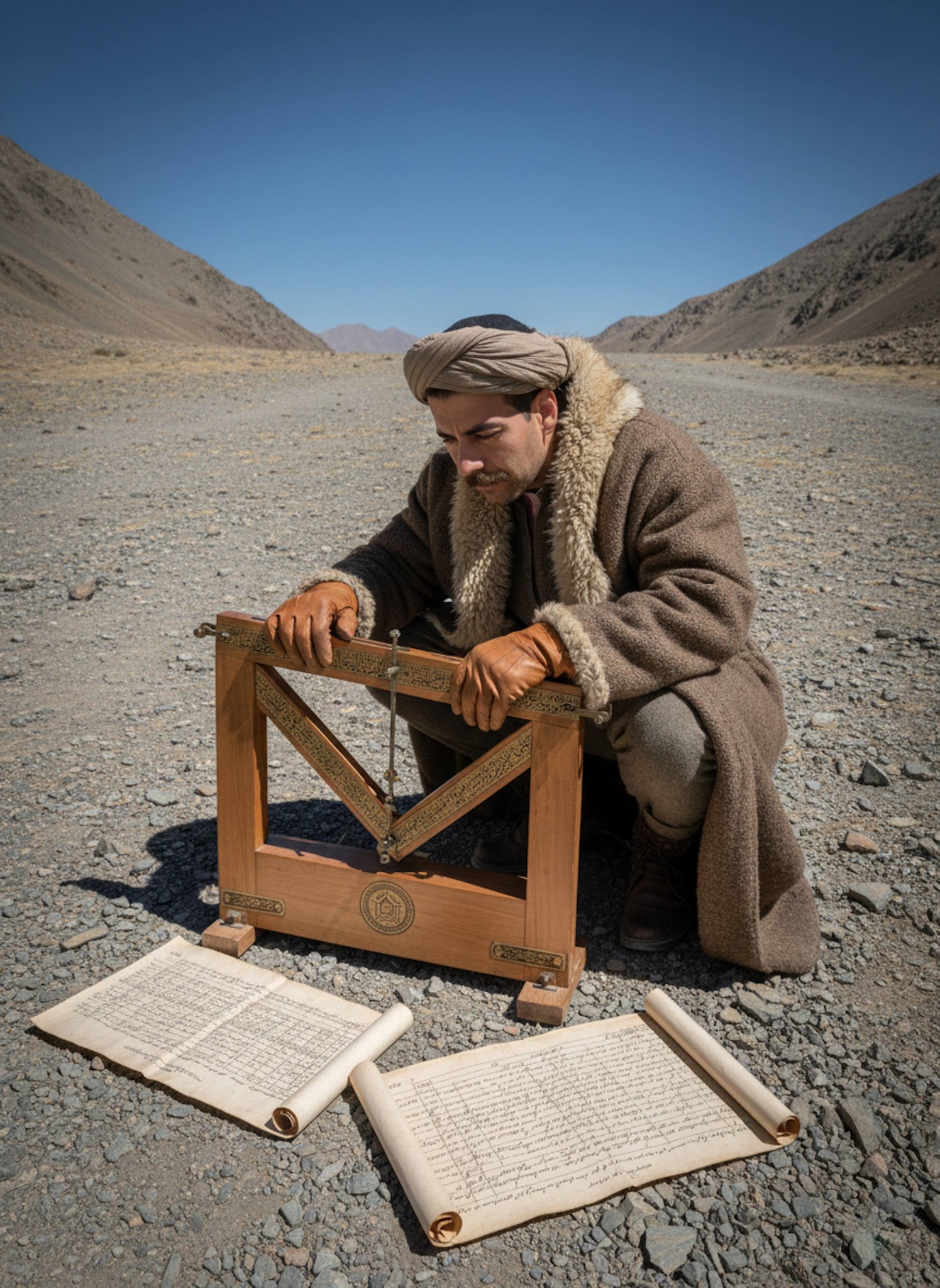 Cinematic portrait of a medieval Arab astronomer observing the night sky from an ancient observatory in Raqqa