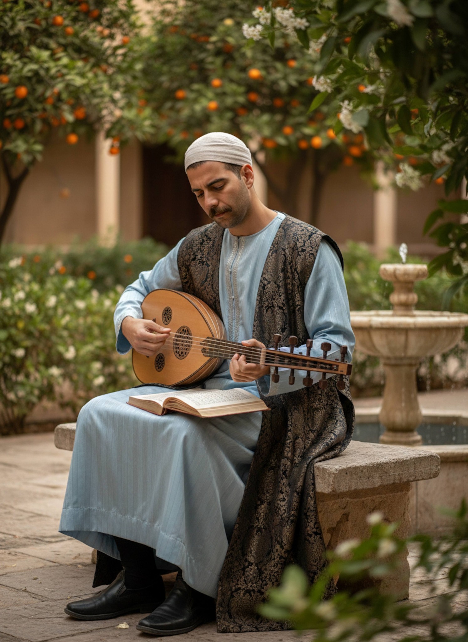 Cinematic portrait of a medieval Islamic musician playing the oud in a candlelit royal court in Aleppo