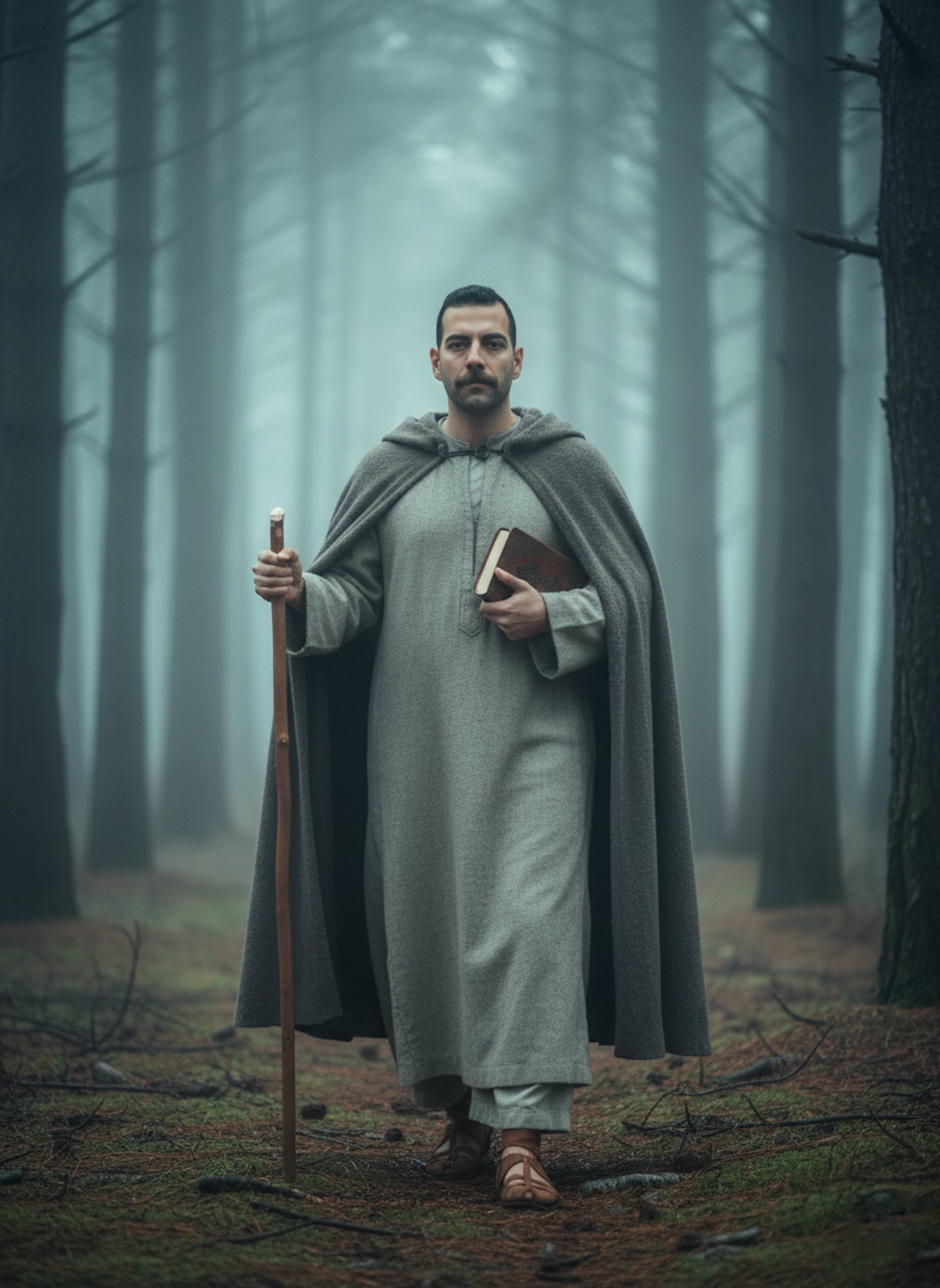 Cinematic portrait of a medieval Arab philosopher walking through palace gardens in Samarra debating with a student