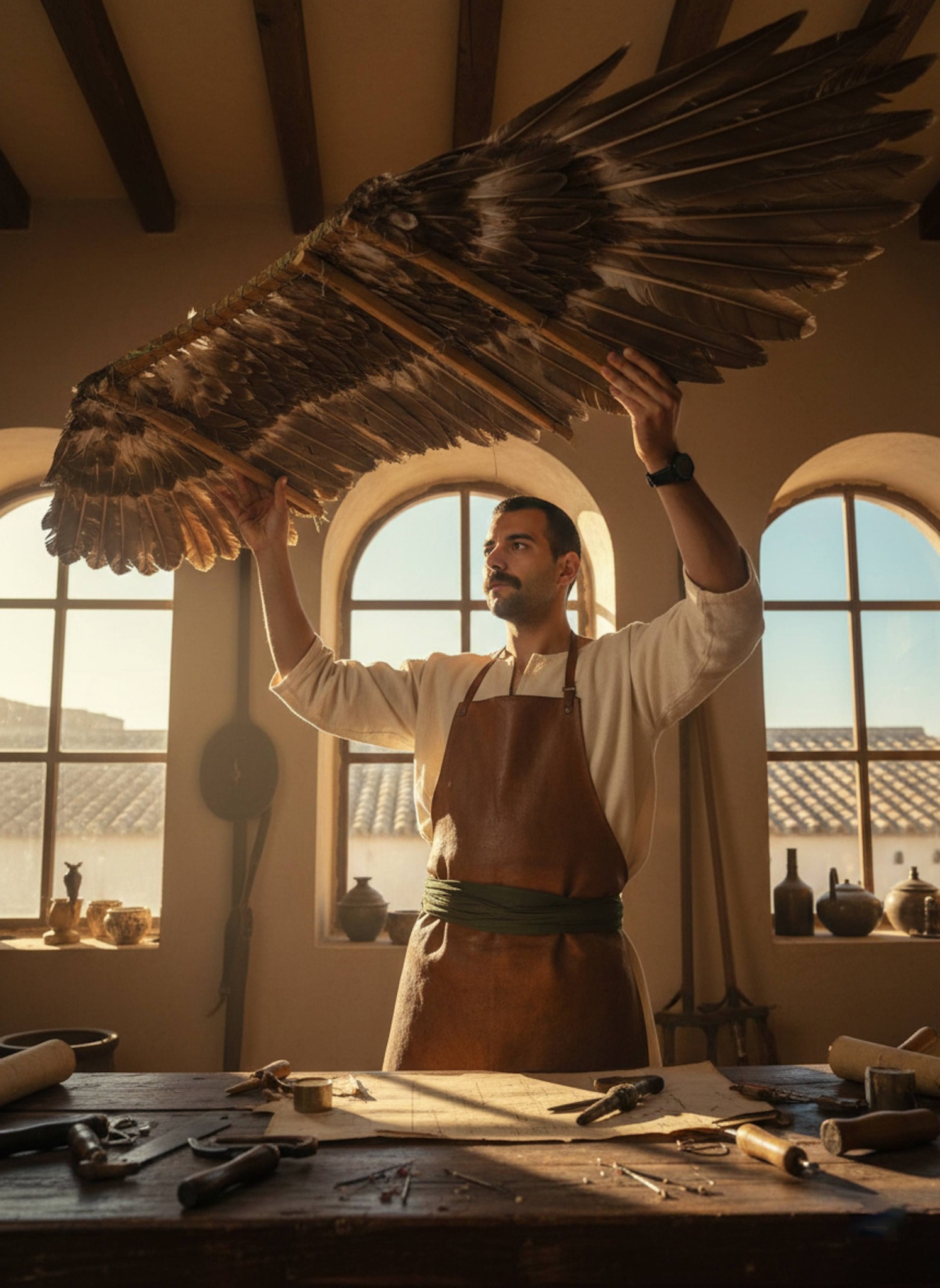 Historical portrait of Abbas ibn Firnas inspecting a wing model in his Cordoba workshop surrounded by tools